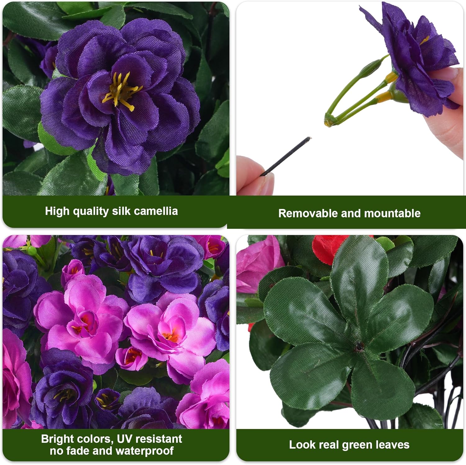 Artificial Fake Outdoor Flowers Plants, Faux Silk Camellia Bundles UV Resistant No Fade Realistic for Planter Pot Outside Porch Patio Balcony Garden Yard Home Decor, 3 Large Bundles (Purple+Fuchsia)