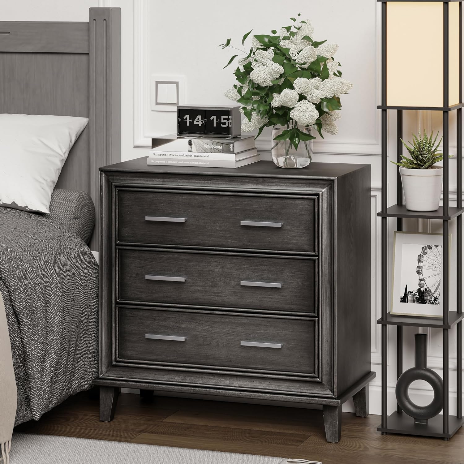 LONYKE Modern Nightstand 3 Drawer Wood Dresser with Metal Handles, Accent Bedside Table Storage Organizer, Vintage Mid-Century Table with Dark Finish, Black