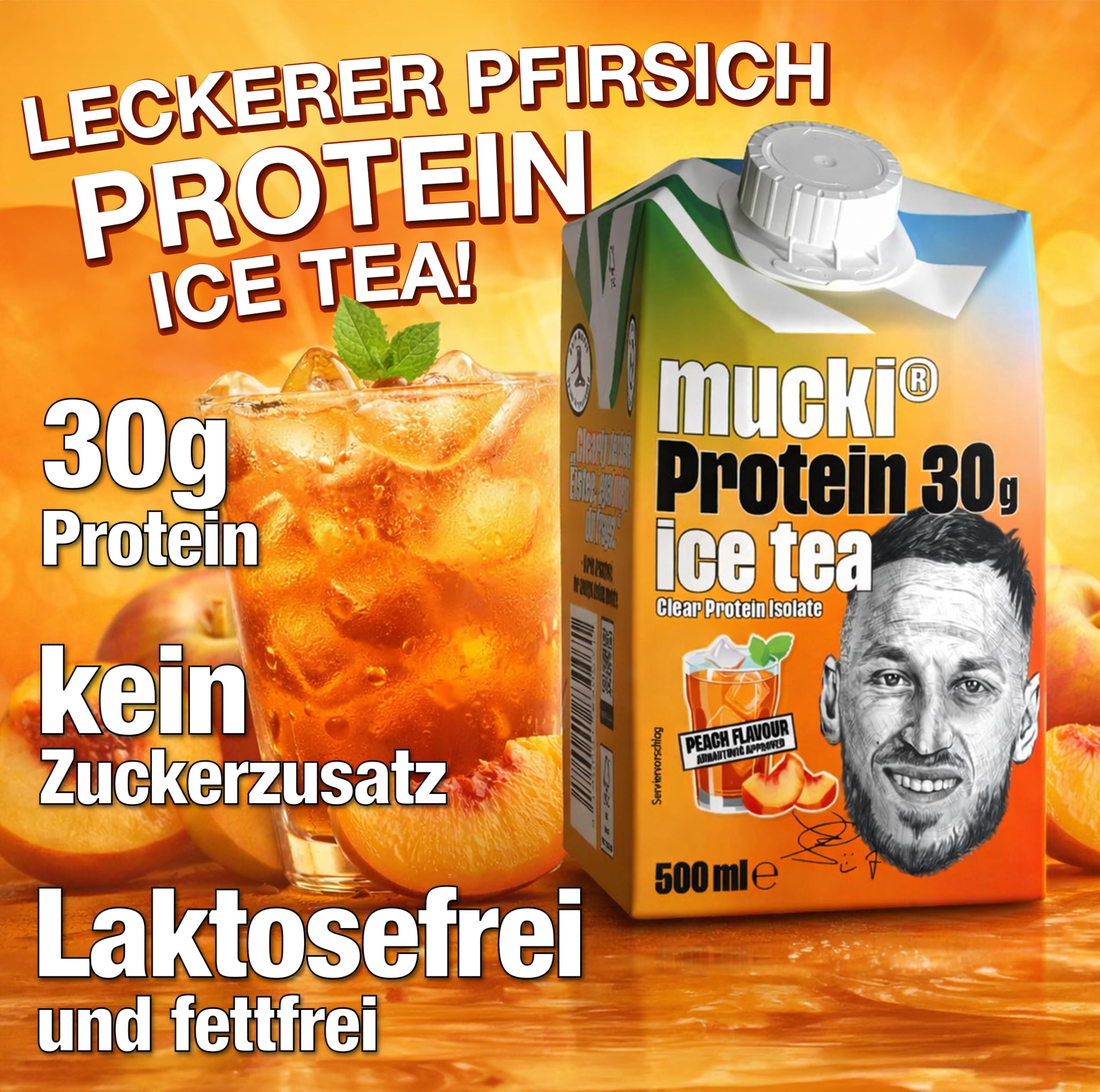 mucki PROTEIN DRINK EISTEE Pfirsich– Protein-Drink Fertig mit 30 g Protein – Zero Fat Trinkmahlzeit für Muskelaufbau & bewusste Ernährung – 12 x 500 ml Vorratspack