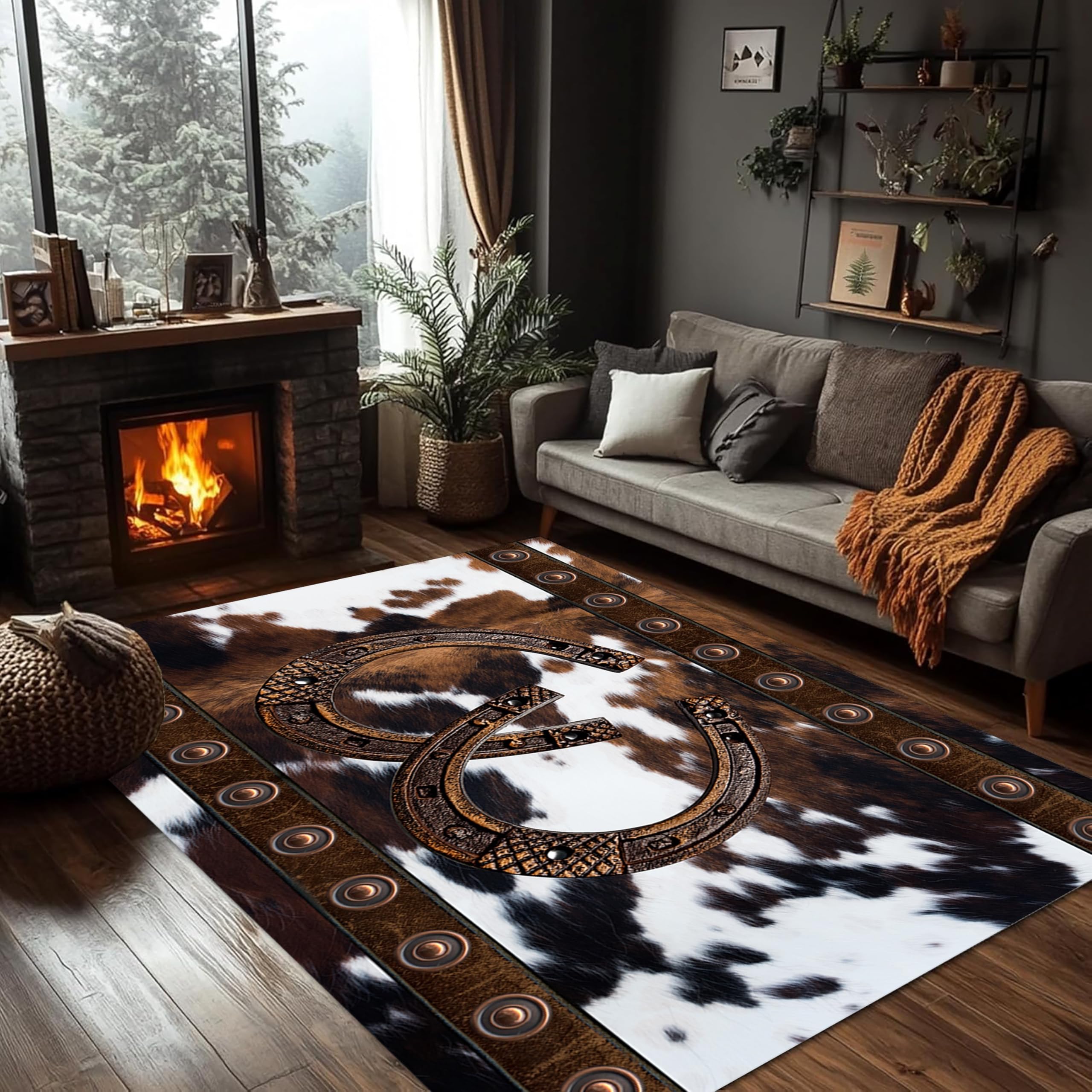 PDENZG Western Rug for Living Room, 180x260cm,Southwestern Native American Aztec Carpets,Country Horseshoe Brown Cow Print Rugs,Boho Western Decor Carpet, for Bedroom Dining Room Washable Cowhide Rug