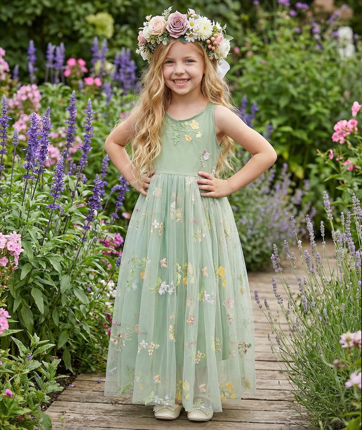 2Bunnies Girl Enchanted Floral Embroidered Tulle Flower Lace A-Line Garden Party Flower Girl Dress