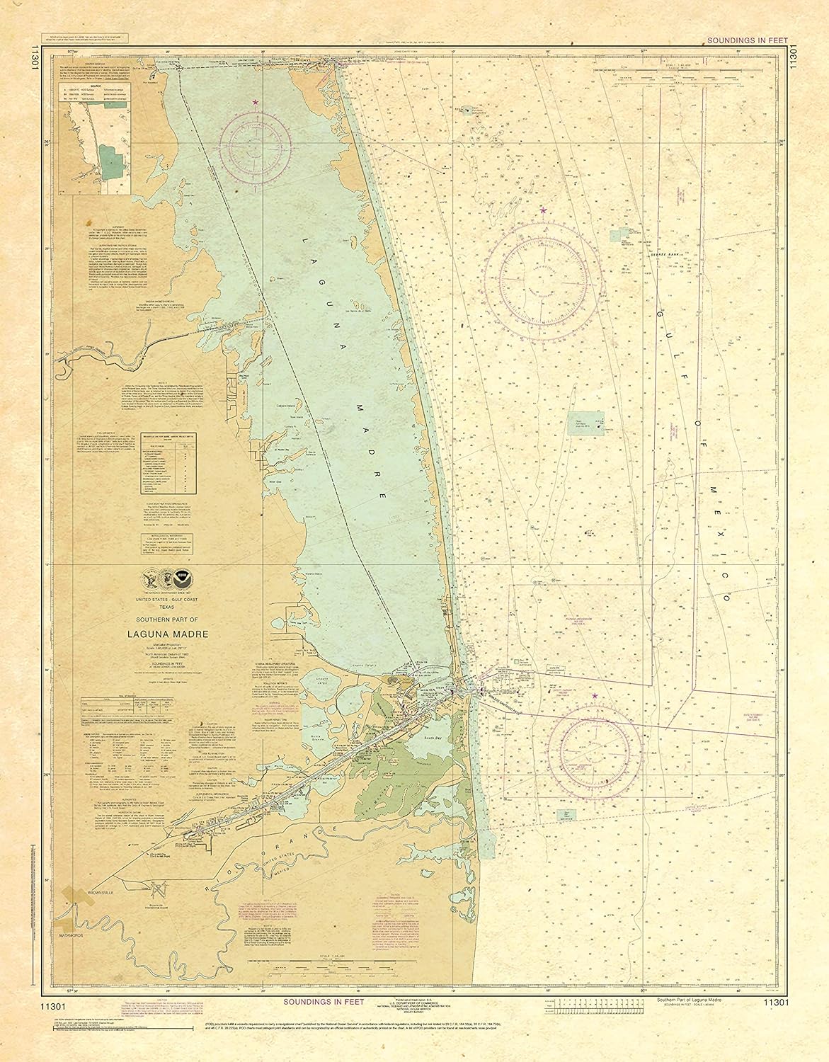Paradise Cay Publications, Inc. Antiqued NOAA Chart 11301: Southern Part of Laguna Madre