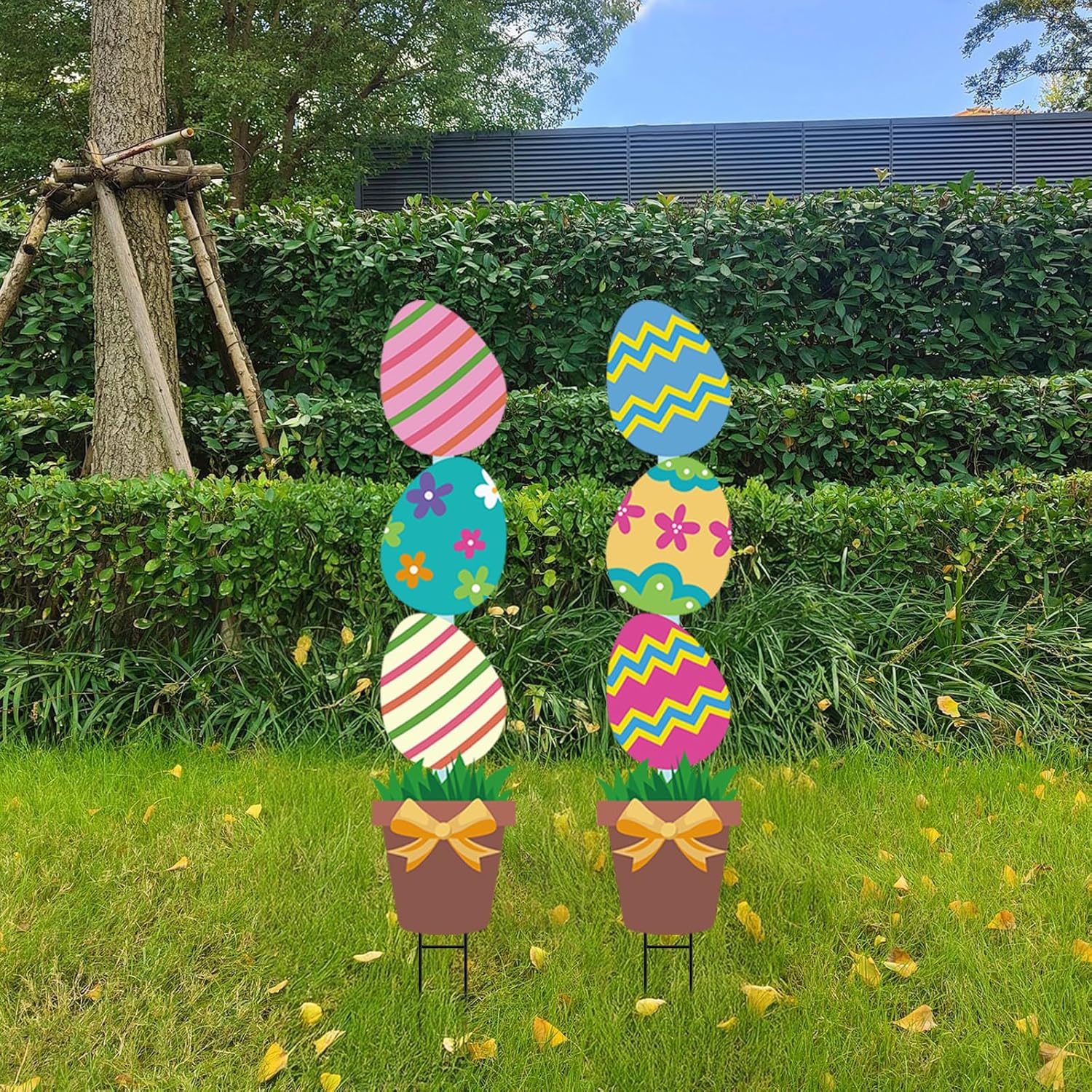 Bunny Chorus Large Metal Easter Egg Flower Pot Yard Signs: 2pcs, Multicolored, Farmhouse Style, Easter Decor with Stakes, Lawn & Garden Decor