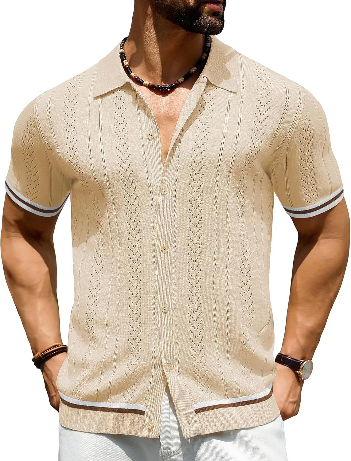 URRU Men's Knit Short Sleeve Shirts Button Down Vintage Knitted Polo Shirt Casual Summer Beach Vacation Textured Shirt