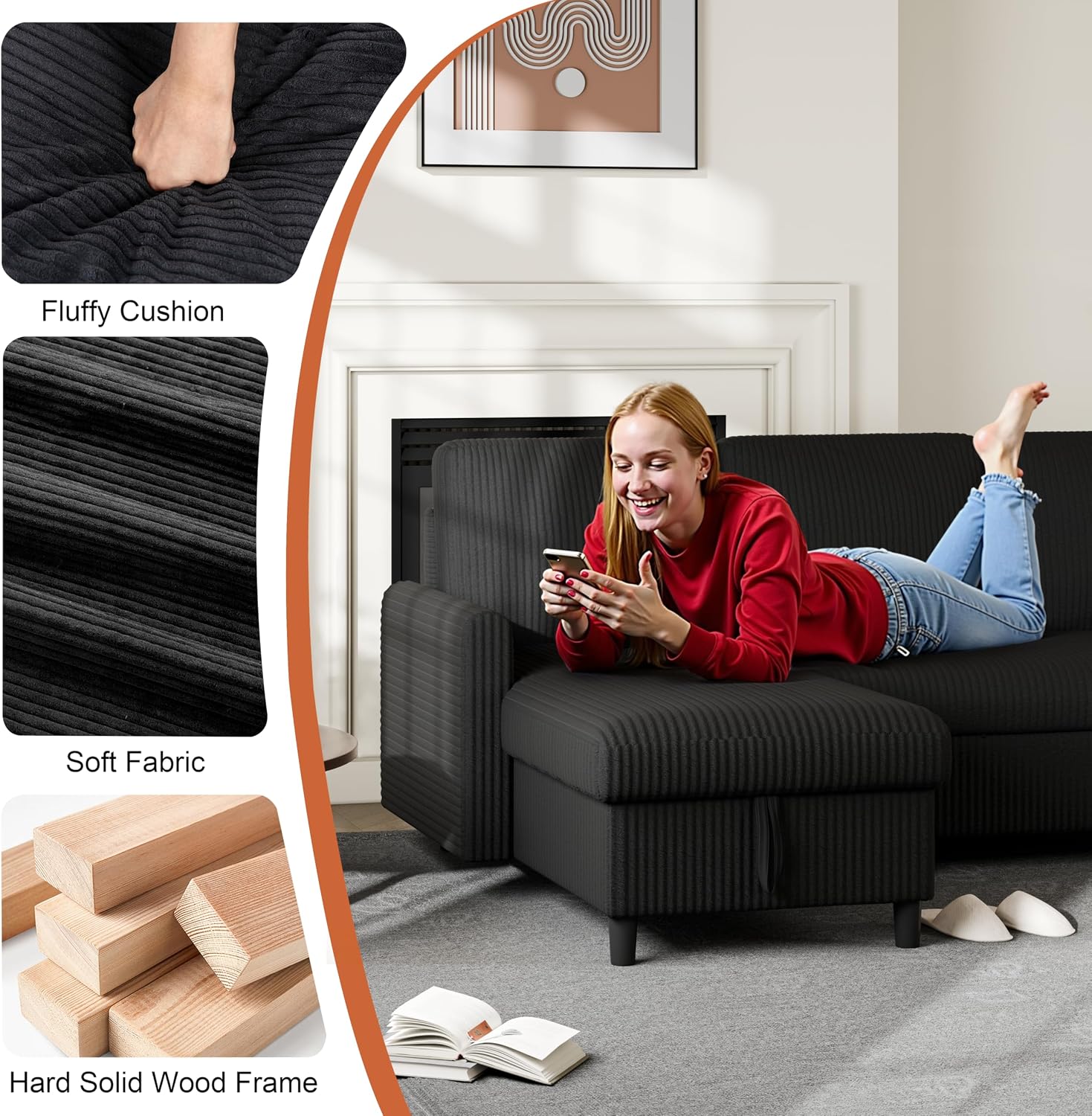 Image showing the storage compartment under the chaise of the Vongrasig sofa, filled with pillows and toys