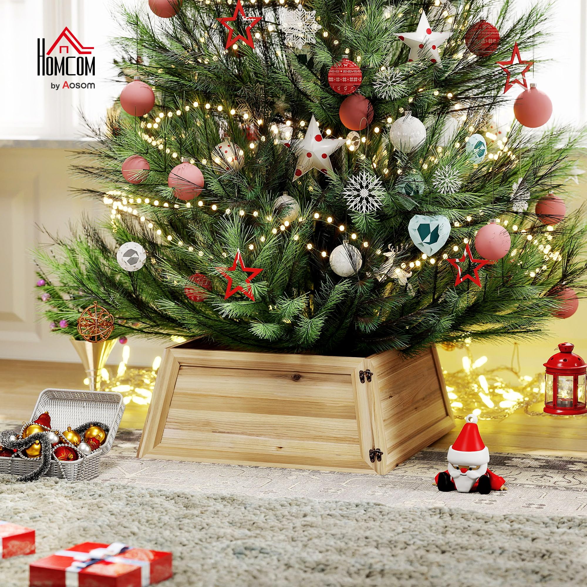 HOMCOM Weihnachtsbaumrock 65 x 65 cm Weihnachtsbaum Kragen in Naturholz | Aus Tannenholz, Weihnachtsbaumkorb, Für Party, Für Weihnachten