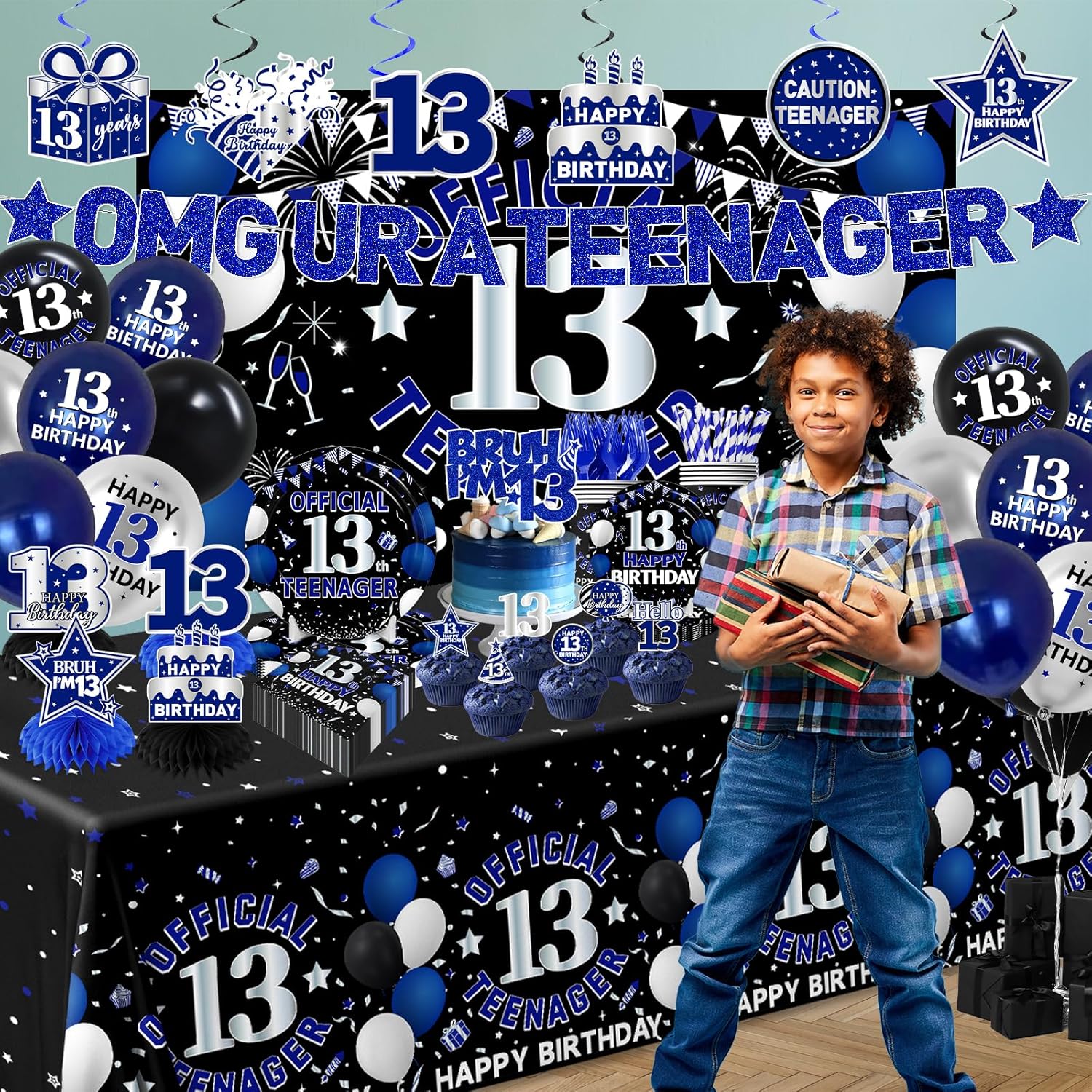 13th Birthday Decorations for Boys,196pcs Blue Happy 13th Birthday Decorations Official Teenager Decorations Plates Napkins Tablecloth Backdrop Topper Balloons for 13 Year Old Boy Birthday Decorations