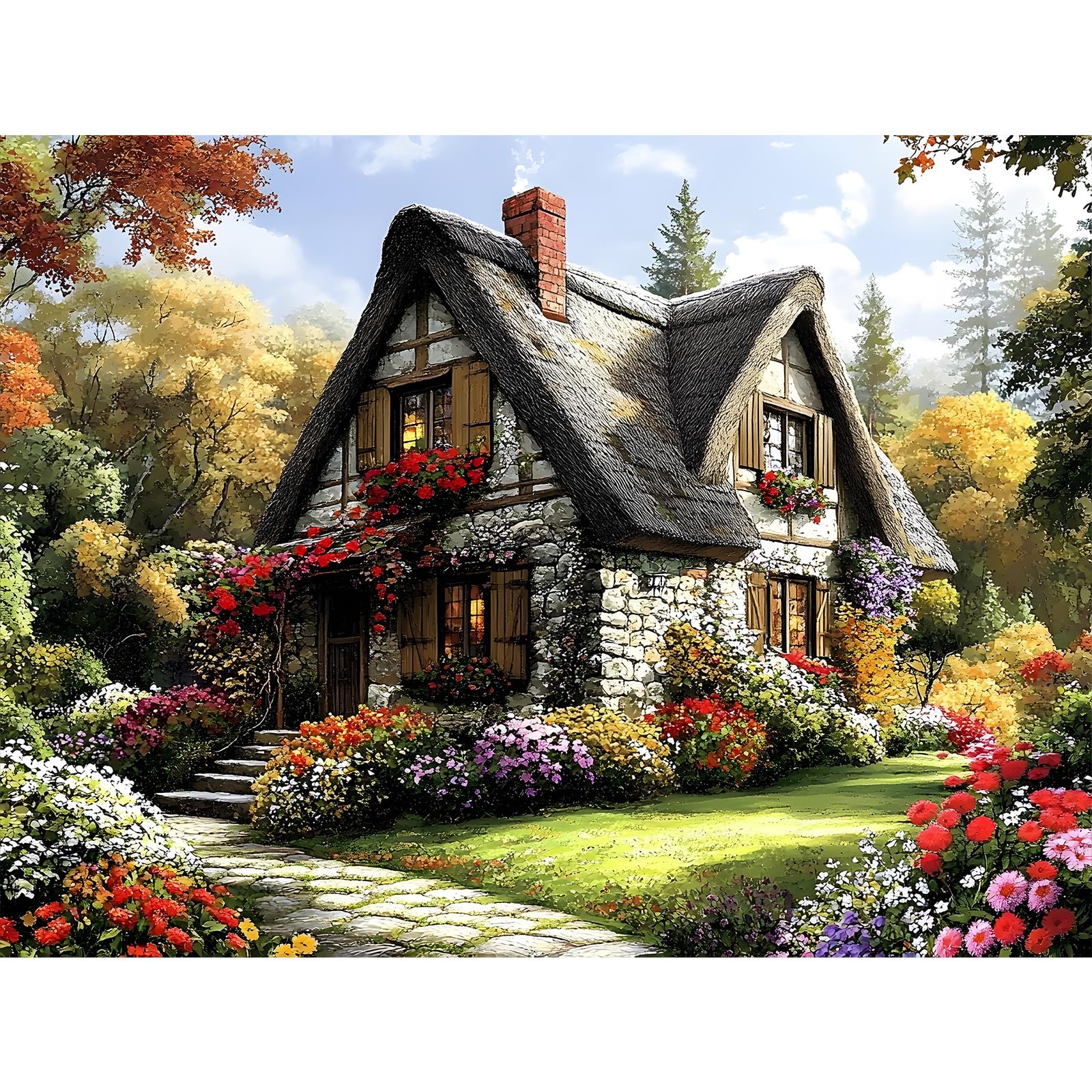 KEYIFA Paint by Numbers for Adults, Stone House Courtyard Painting by Number Canvas Kits with Acrylic Paint Brushes, DIY Craft Oil Painting Art Kits for Adults, Home Wall Decor