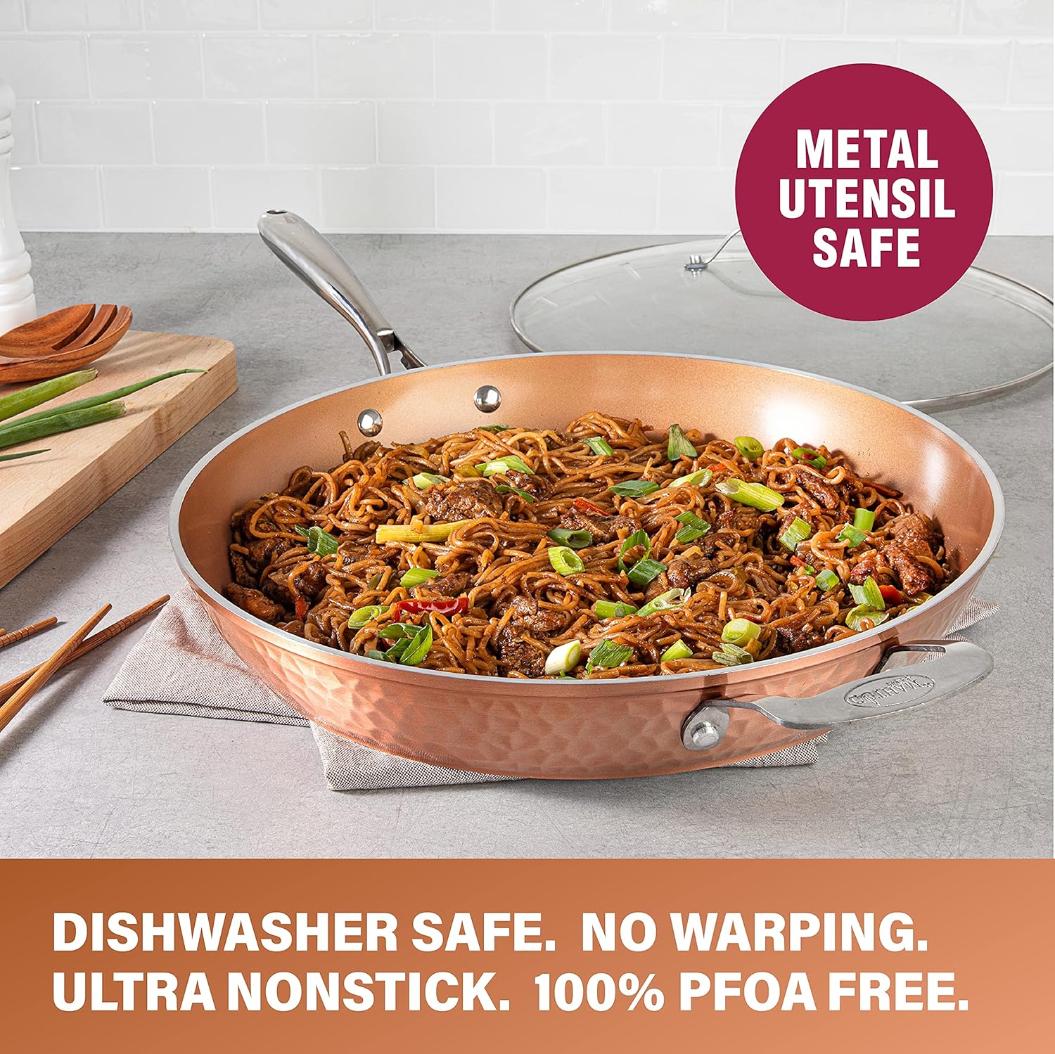Gotham Steel 14” Nonstick Fry Pan with Lid – Hammered Copper Collection, Premium Aluminum Cookware with Stainless Steel Handles Dishwasher & Oven Safe: Home & Kitchen