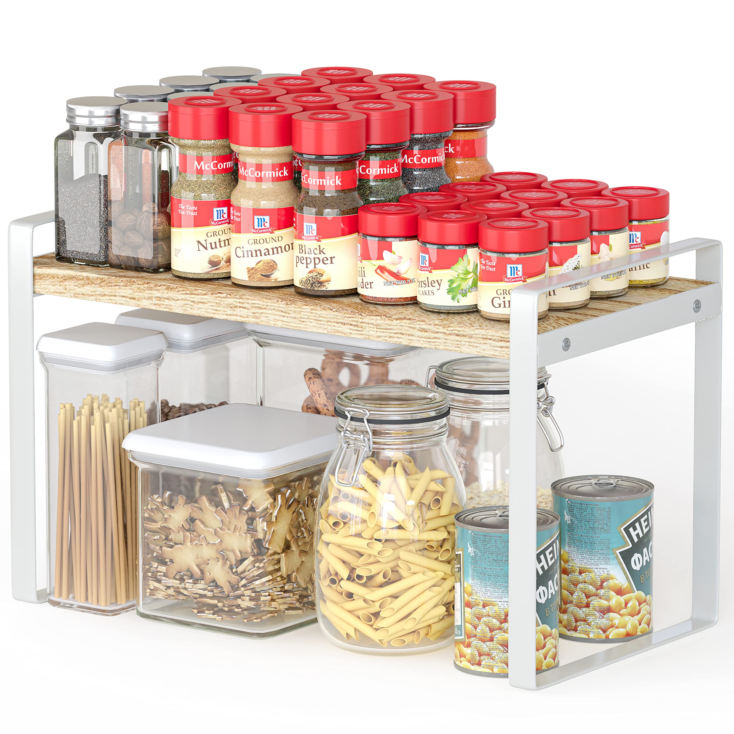 VONLUNK Cabinet Pantry Shelf Riser, Countertop Organizer, Heavy Duty Metal + Wood, Cupboard Stand Spice Rack, Under Sink Shelf, 16" L x 8.1" W x 9.6" H, White