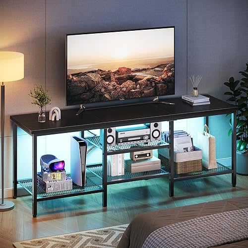 Soporte de TV de 63 pulgadas, centro de entretenimiento con estantes de almacenamiento abiertos, mesa consola multimedia de TV con estante de barra