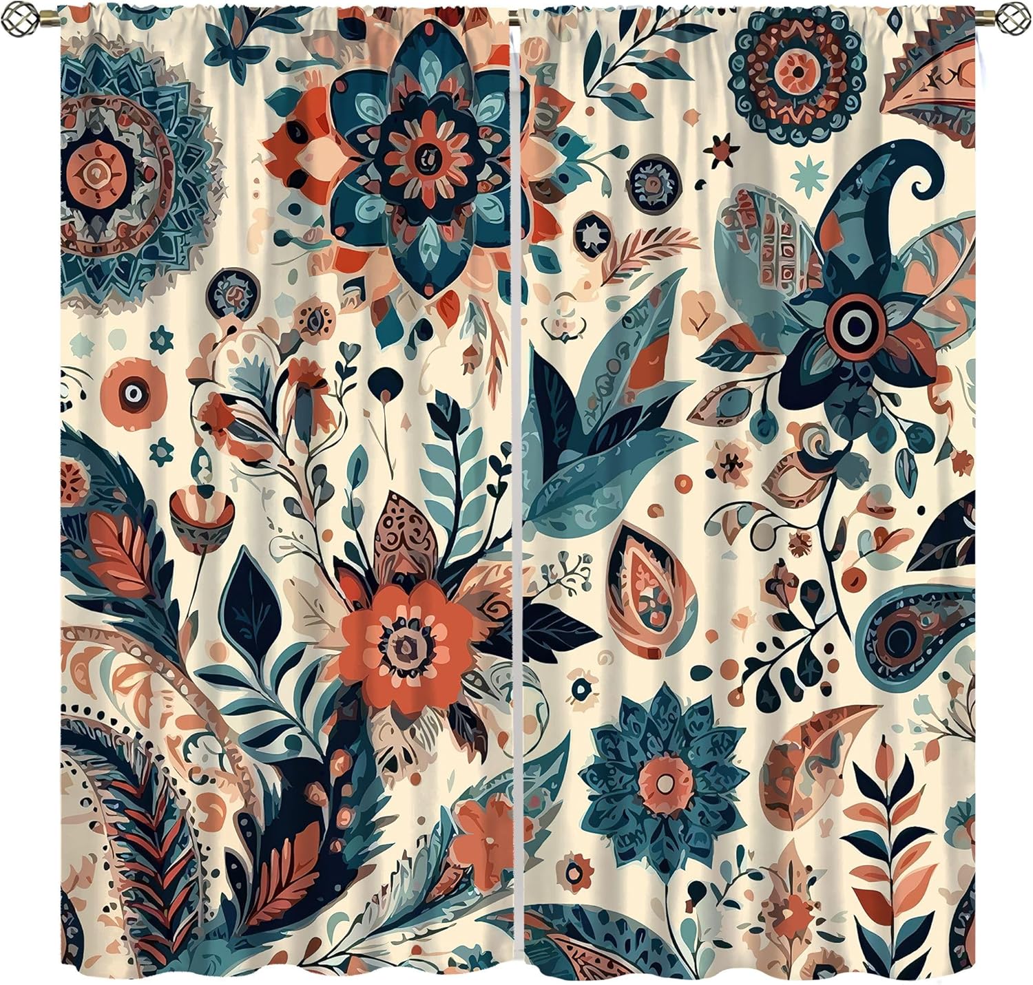 Bohemian Floral Curtains, Vintage Floral Natural Botanical Peris Pattern Window Treatments, Blackout Curtains for Bedroom Living Room63X63 Inch