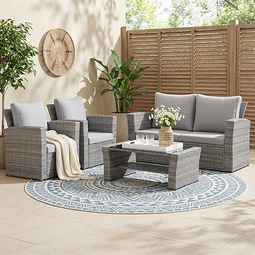 Miniatura 13 de Wisteria Lane Juego de muebles de patio de 4 piezas, conjunto de muebles de mimbre para conversación al aire libre, sofá de patio para todo