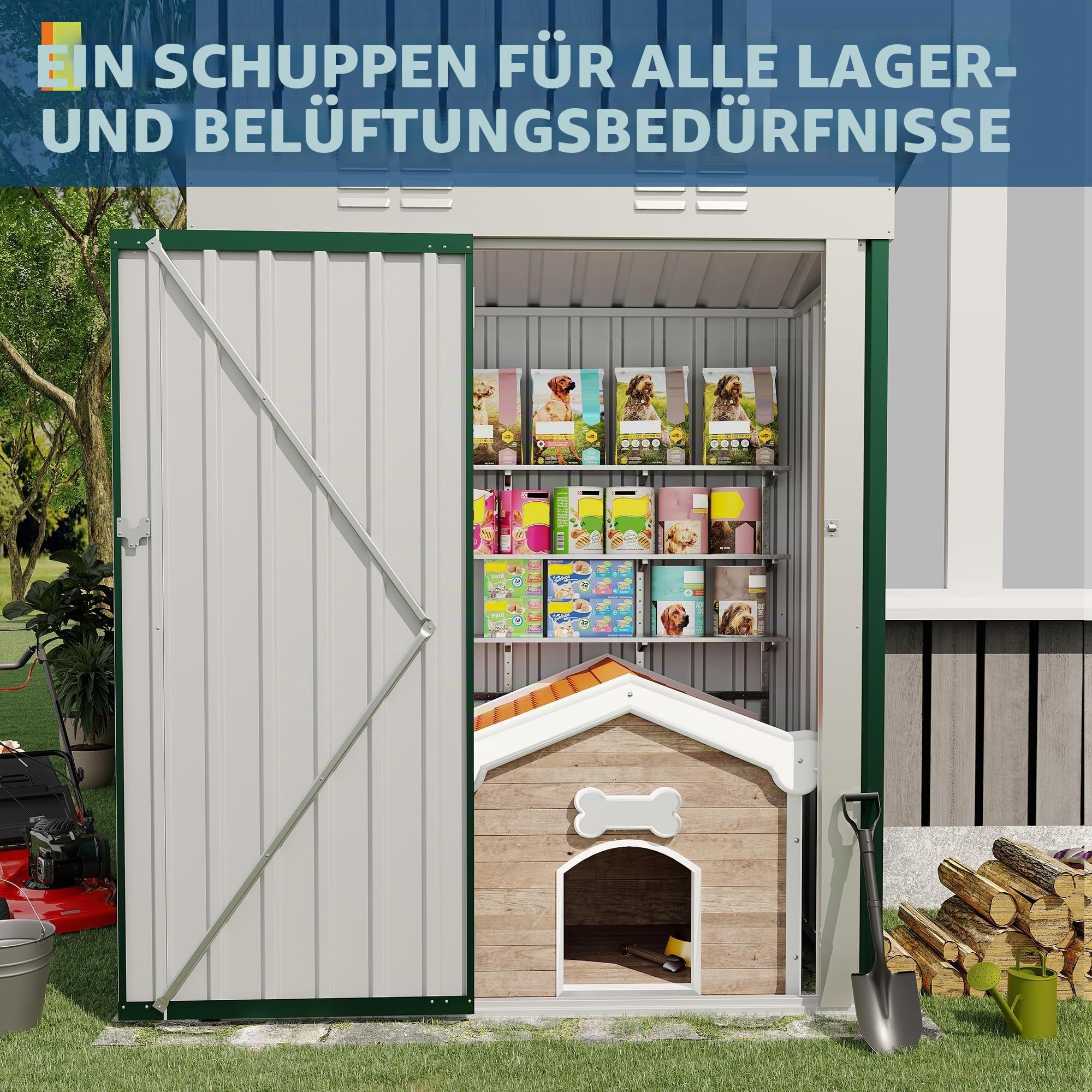 Metall Geräteschuppen 152x89x183cm, Gartenschuppen Aus Metall, Lagerschuppen Im Freien, Gartenhaus Mit Pultdach, Belüftung & Abschließbaren Türen Für Hinterhof, Terrasse, Rasen