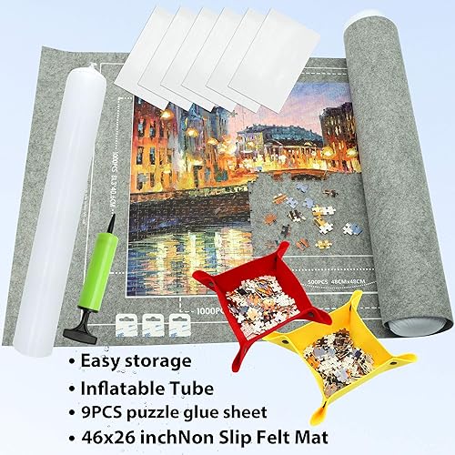 Miniatura 6 de Tapete portátil enrollable para rompecabezas con 9 hojas de pegamento, bandejas de clasificación, bomba de mano, tubo inflable y bolsa de