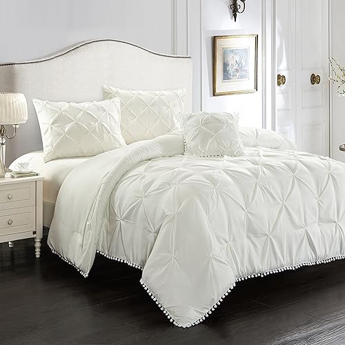 Miniatura 8 de EVOLIVE - Juego de 4 piezas, plisado, juego de edredón alternativo con pompón, Poliéster & Mezcla de poliéster, Crema, gemelo