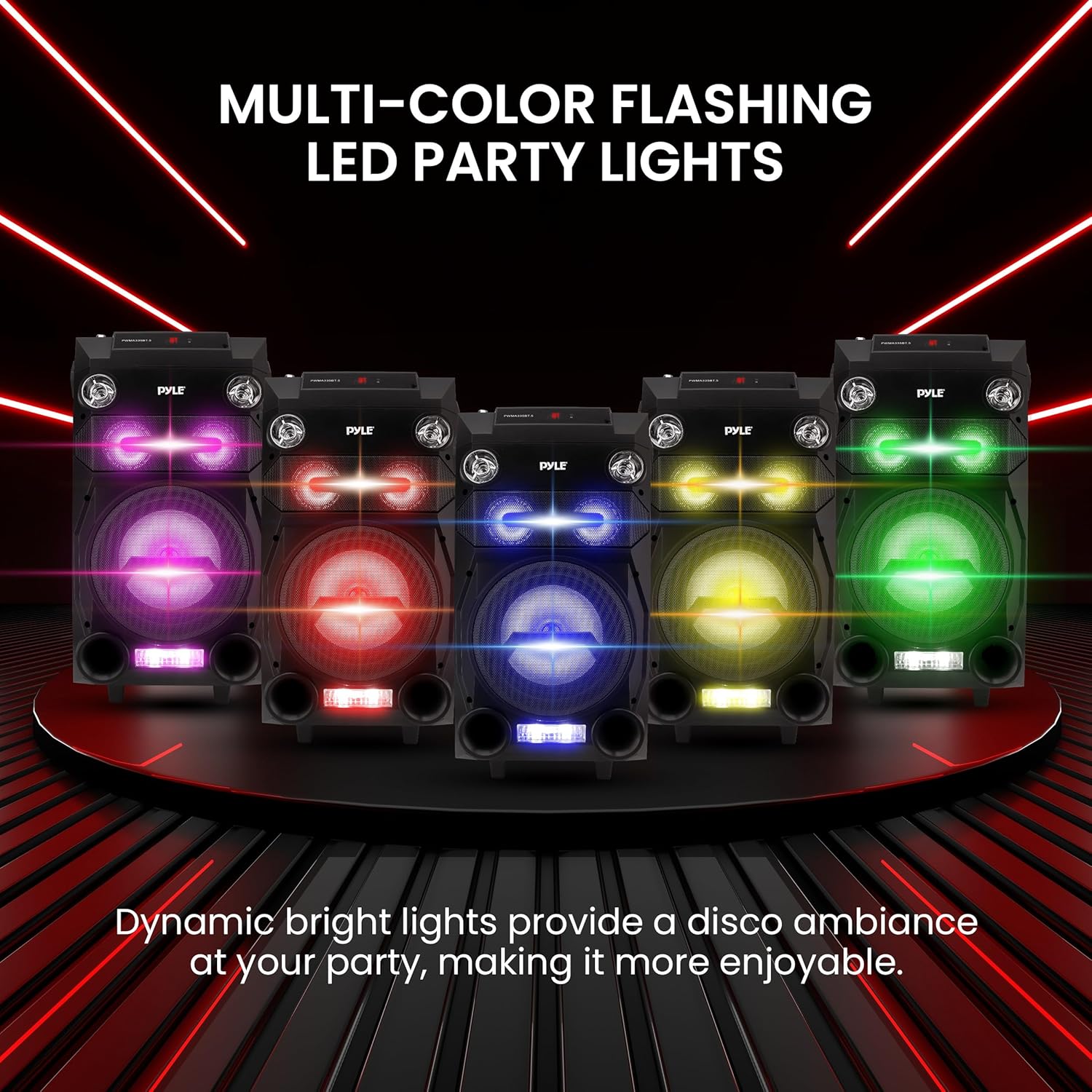 Multiple Pyle speakers displaying various multi-color flashing LED party lights