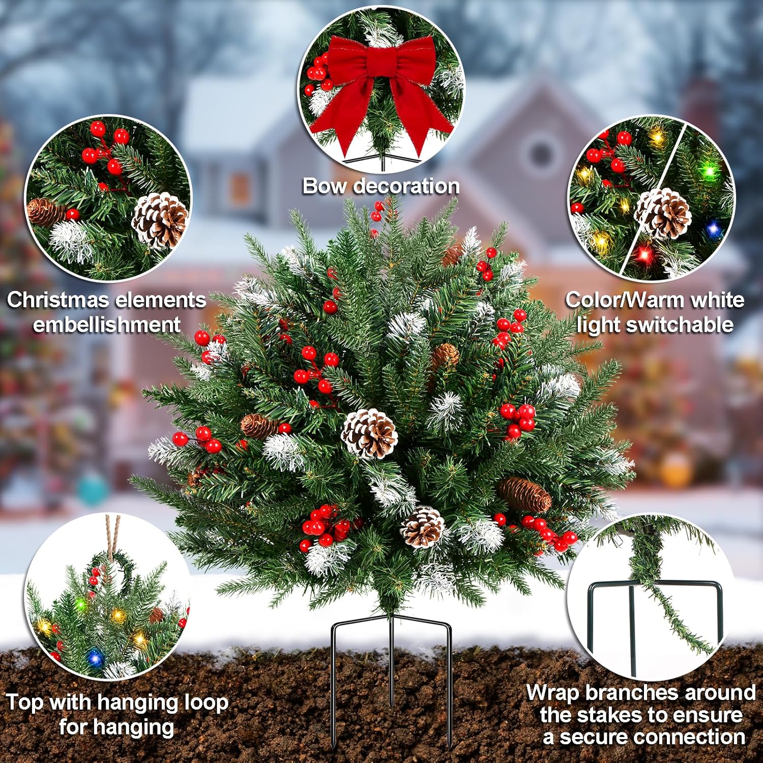 Set of 2 30 Inch Pre-lit Outdoor Christmas Tree, Hangable Decor, Timer, Multi-Color Lights,Battery Operated,Artificial Xmas Urn Filler,Holiday Porch Decorations for Pathway,Yard, Garden,Flower Beds
