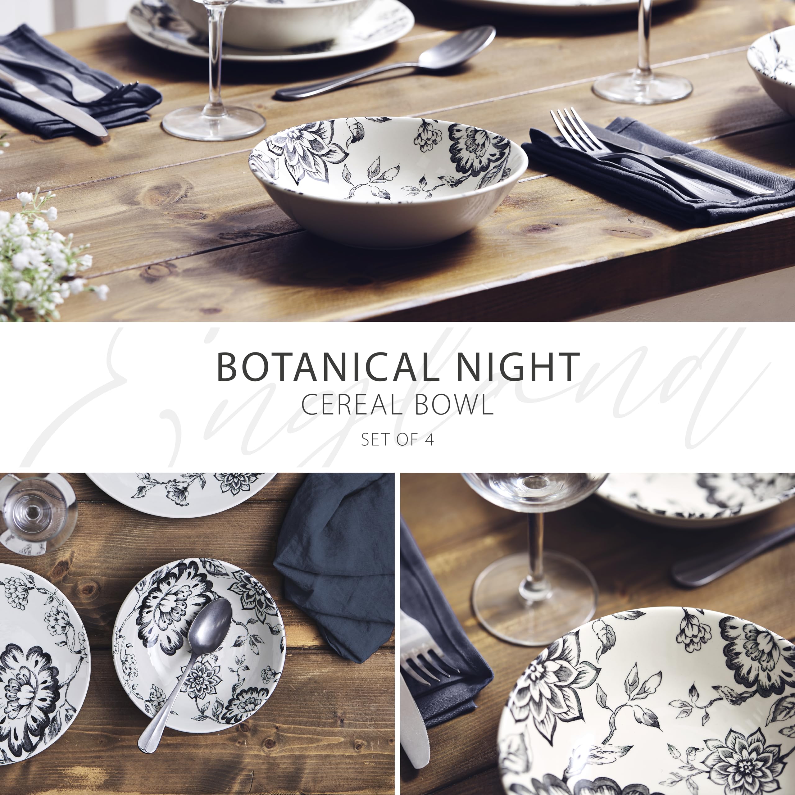 Wade Botanical Night Set of 4 Cereal Bowls with Black Floral Design, Crafted from Earthenware, Made in Stoke-on-Trent, 19cm - Image 2