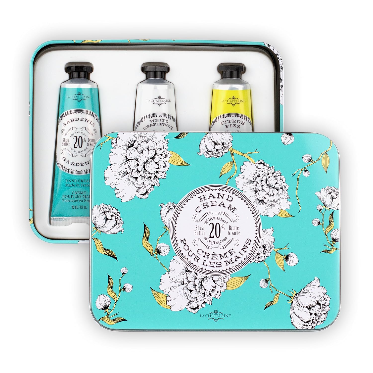 La Chatelaine Hand Cream Trio Tin Gift Set, Natural Hand Lotion, Made in France with 20% Organic Shea Butter, Moisturizing (Gardenia, White Grapefruit, Citrus Fizz) 3 x 1 fl. - Image 7