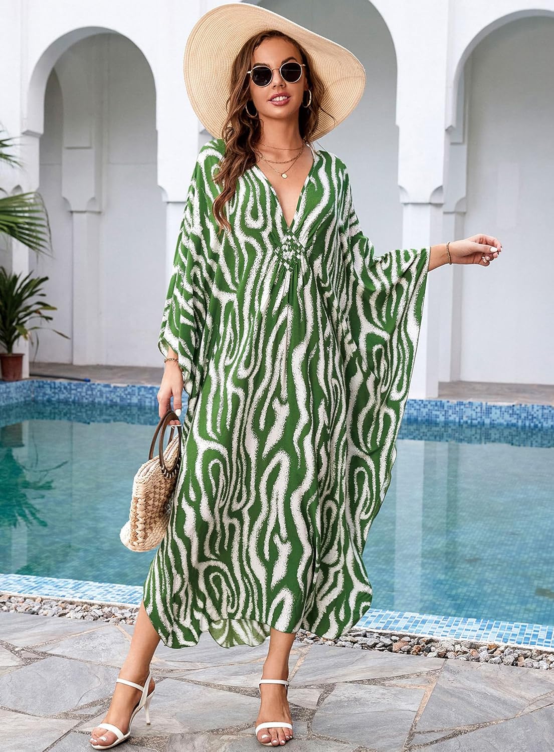 Kaftan Dresses for Women V-Neck Batwing Sleeves Swimsuit Beach Cover Ups Tie Dye Caftan Hawaiian Dress - Image 2