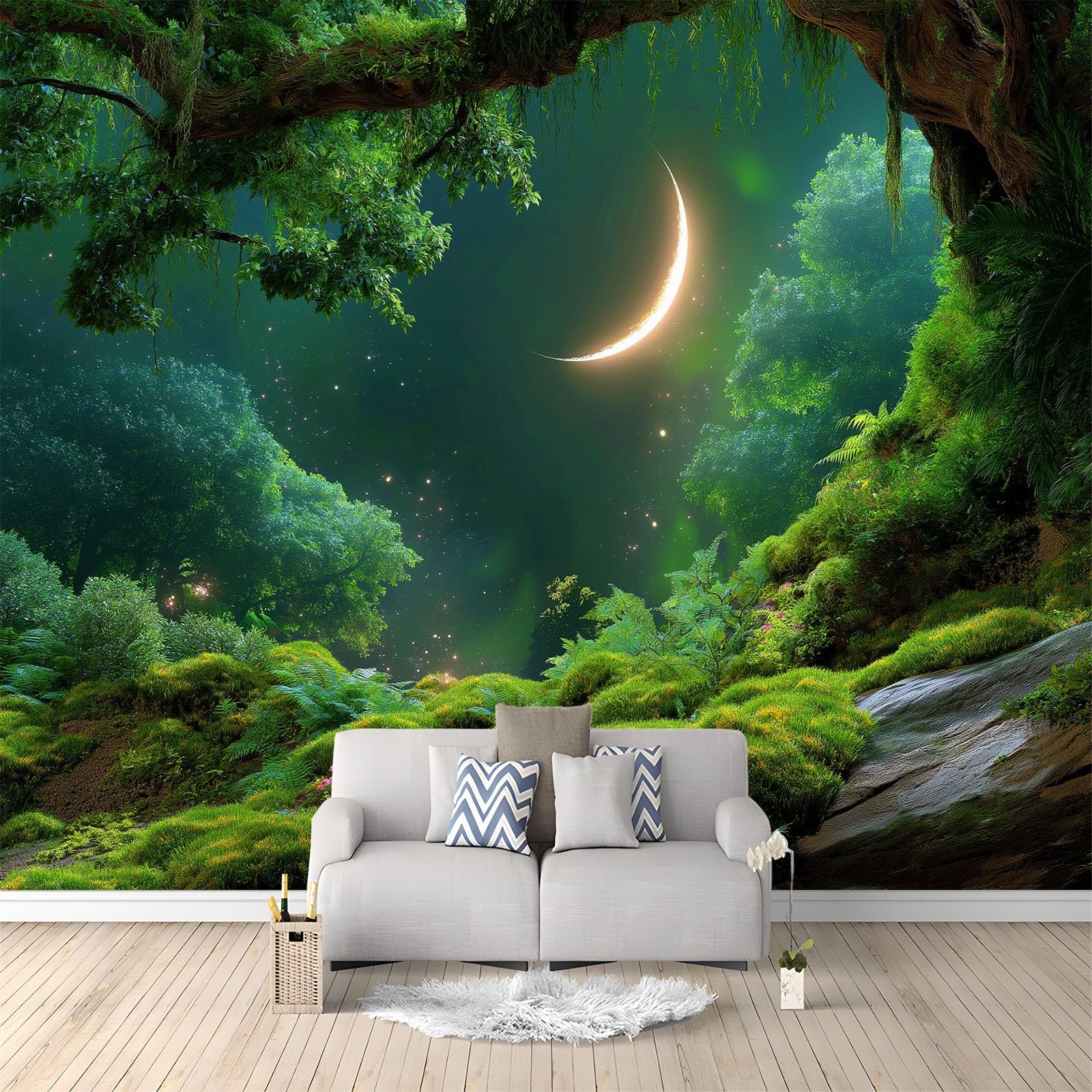 Art Murals Fototapete Schlafzimmer - Fantasie Wald Mond Moos Wandtapete Aufkleber für Wohnzimmer Küche, Olivgrün 3D Tapete Mural Kinderzimmer TV Hintergrund Wandtapete, 250 x 175 cm