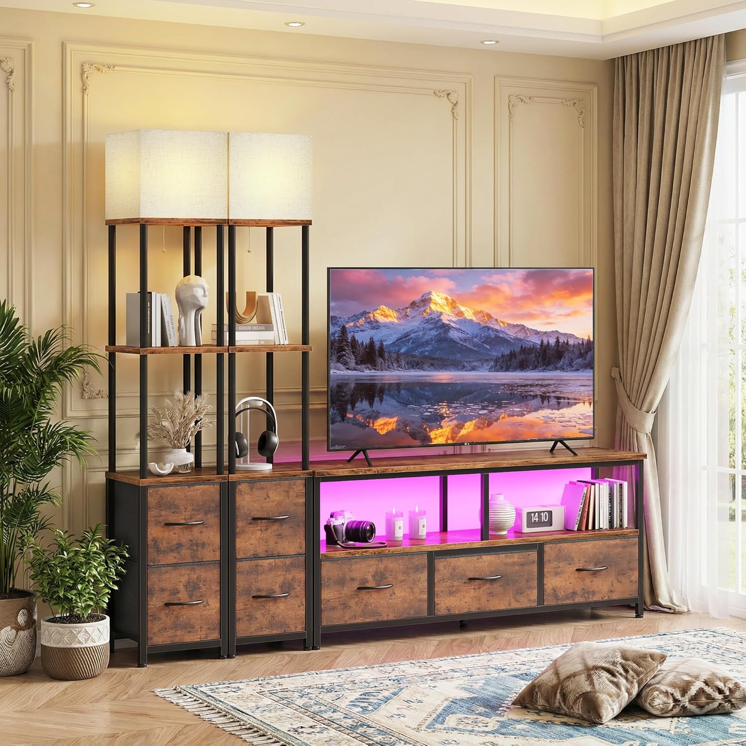 TV Stand with Bookshelves, Entertainment Center with Storage for 55 Inch TV, Large TV Console with 2 Floor Lamps and LED Lights, Industrial Rustic Media Cabinet with 7 Fabric Drawers, Rustic Brown