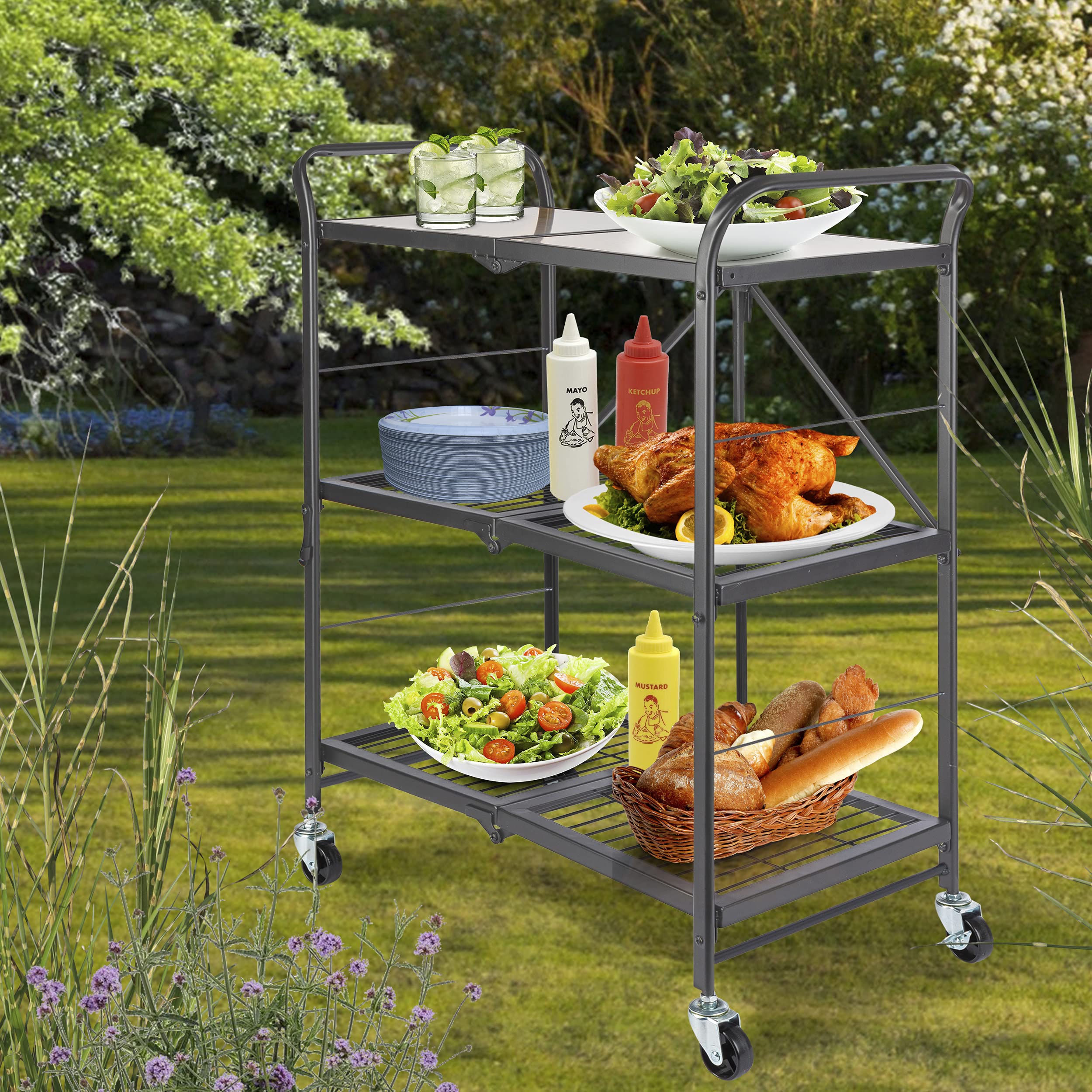 ONVAYA® Küchenwagen James klappbar | Servierwagen klappbar | Etagenwagen | Beistellwagen | Grau | Küchenregal | Multifunktionale Regal| Haushaltsregal | Stand Regal