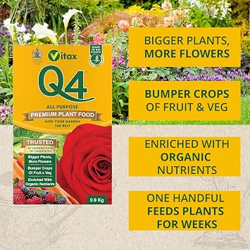 Vitax Q4 All Purpose Plant Food, Fertiliser Enriched With Organic Nutrients, More Flowers, Bigger Yields, Slow Release - 0.9 Kg