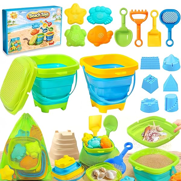 FLEXTRIX Sandspielzeug Strandspielzeug Junge Mädchen mit Faltbarer Eimer Kinder Sandkasten Spielzeug, 19 PCS Sandförmchen Sandschaufel Kinder, Reise Sand Spielzeug ab 3 Jahr - 1