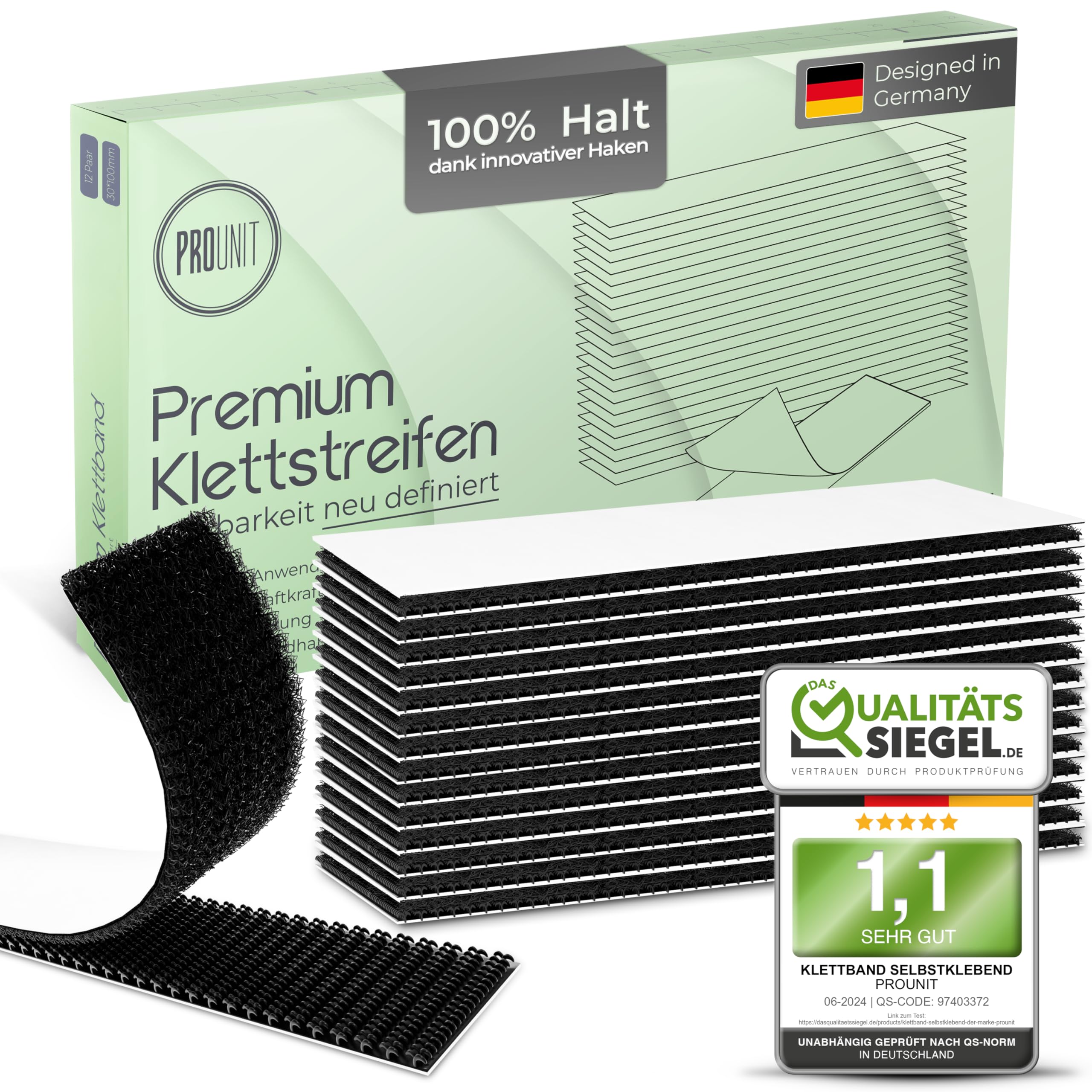 ProUnit® Klettstreifen selbstklebend Extra Stark (Schwarz, 12stk X 100mm X 30mm) Vielseitig einsetzbar. Klettverschluss selbstklebend klebe Klettband Klett Klebeband
