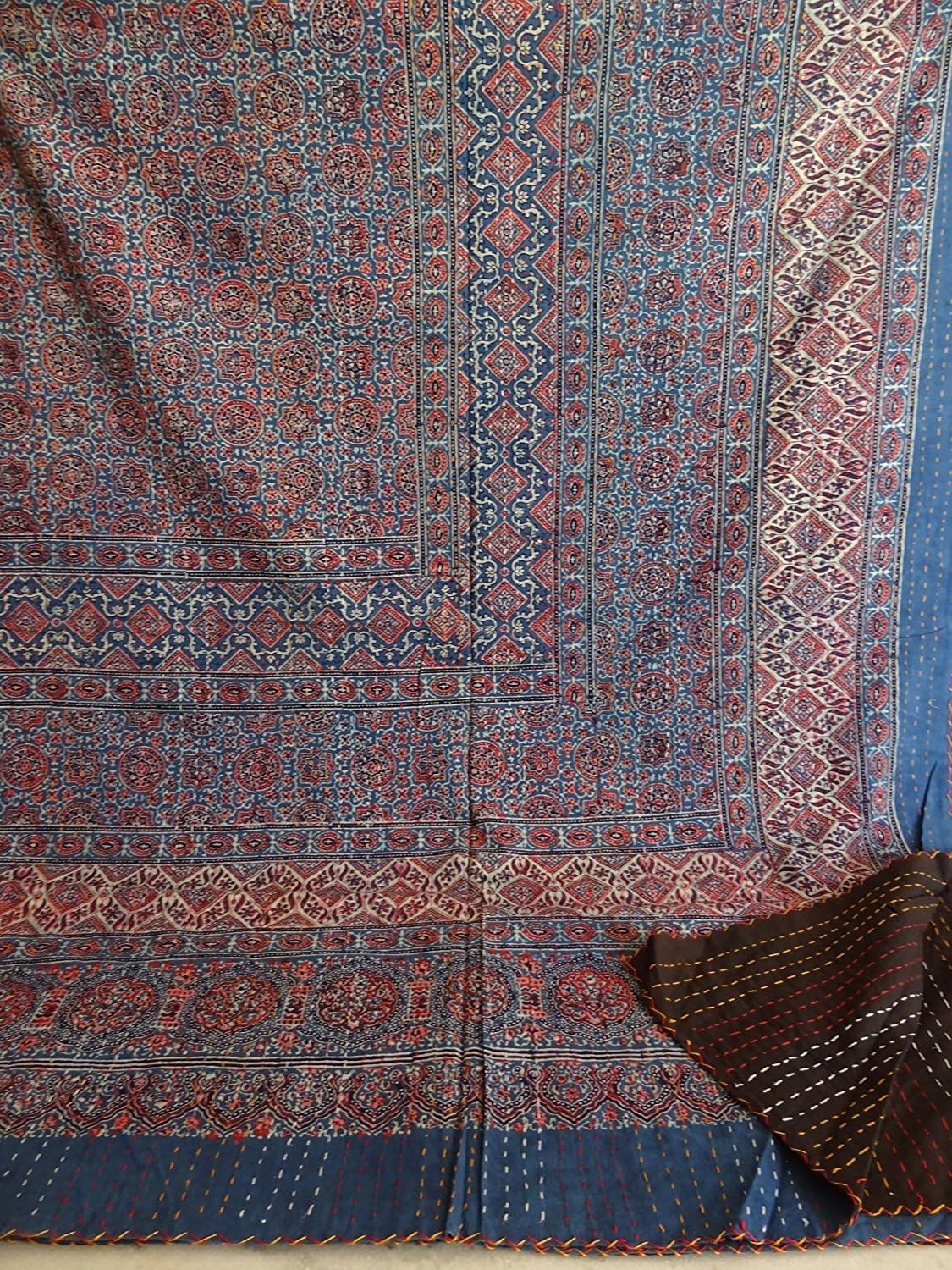 Sophia-Art - Quilt/Blanket/Bedspread, Blue, Red, Ajrakh Traditional, Kantha, Twin Size, Dry Clean, Machine Wash