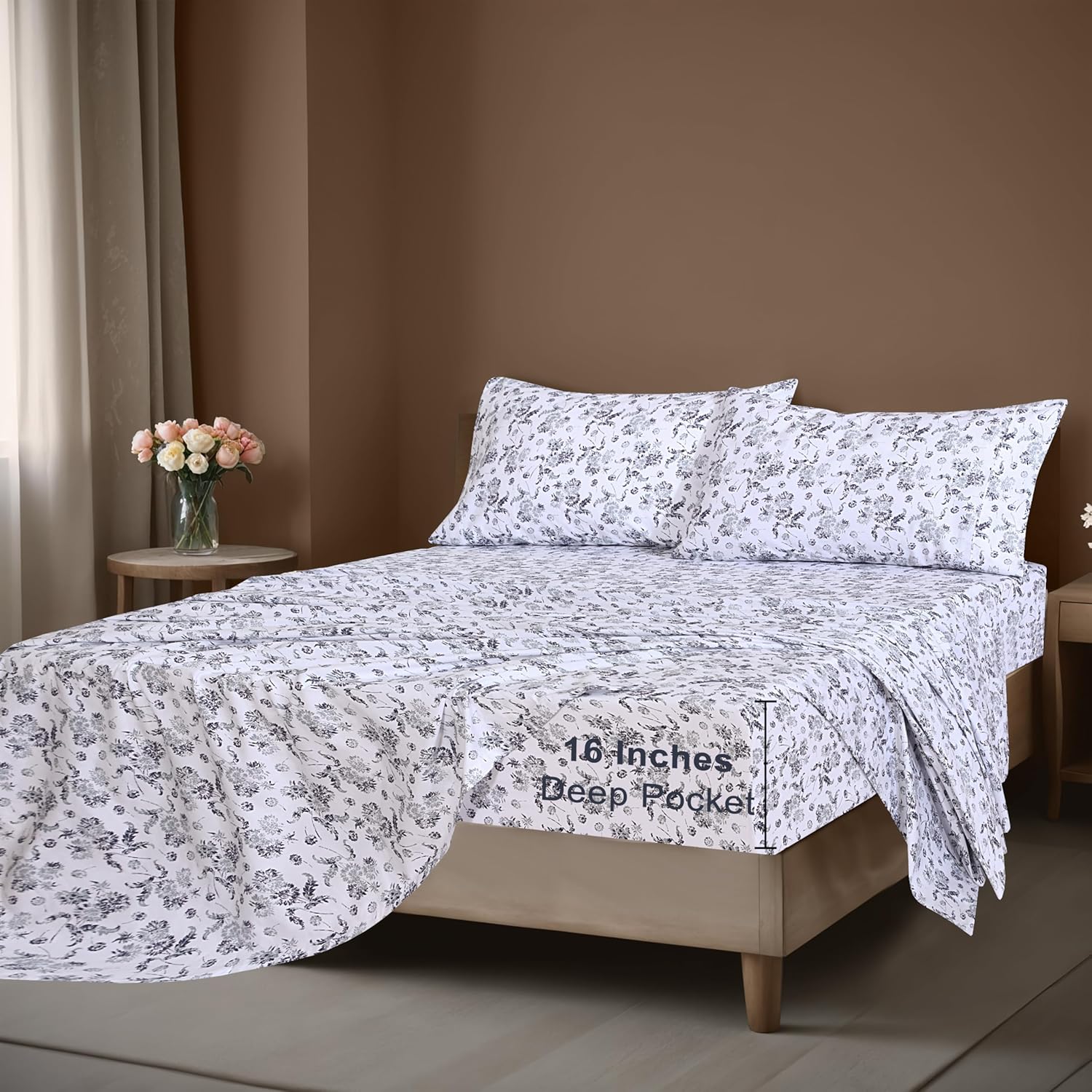 ZOYER 100% Cotton Sheets – Queen Size Percale Bedding, Cooling & Breathable, Durable with a Crisp, Soft & Comfortable Feel, 16" Deep Pocket, 4-Piece Set, Frozen Garden