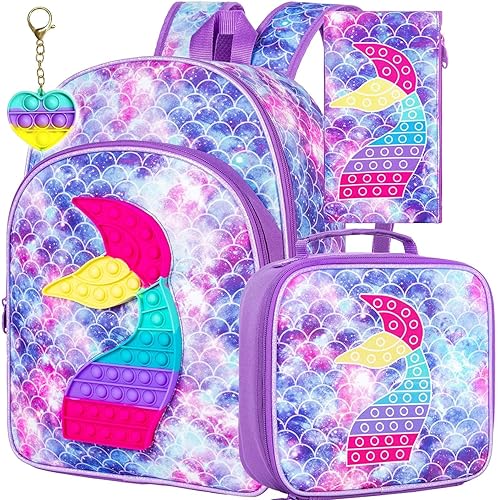 CCJPX Mochila infantil de 3 piezas para niños y niñas, 16 unicornios, sirena, dinosaurio, preescolar, bolsa de libros y lonchera, Pescado Púrpura,