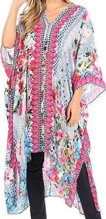 Sakkas Alvita Womens V Neck Beach Dress Top Caftan Cover up with Rhinestones