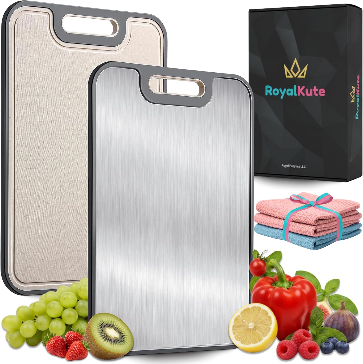 Premium Titanium Cutting Board with Wheat Fiber Dual Surface - Lightweight, Non-Porous, Scratch - Resistant Kitchen Board for Meat, Vegetables & Fruits, With 3 free kitchen towels.