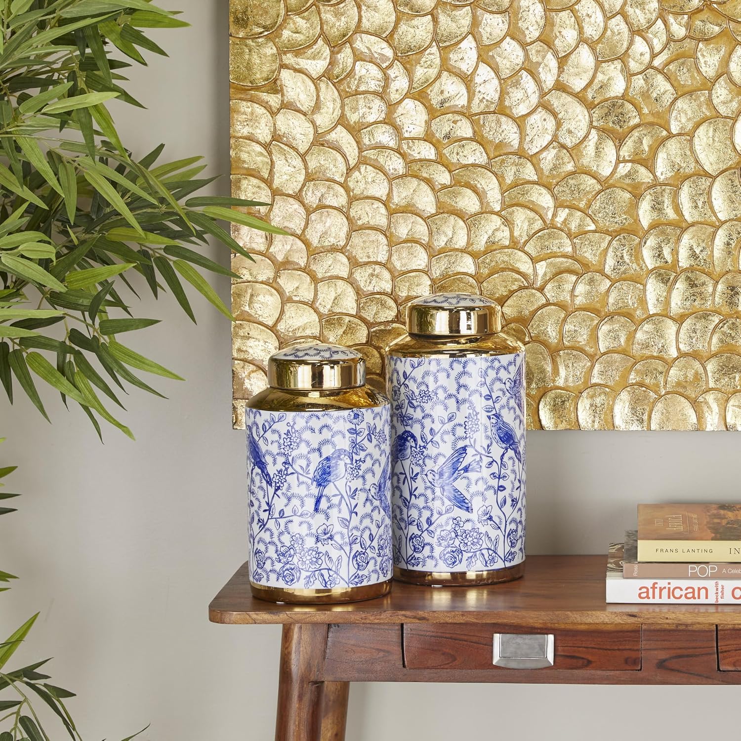 Deco 79 Ceramic Floral Living Room Decorative Jars Decorative Container with Gold Accents, Set of 2 Jar with Lid 14", 12"H, Blue