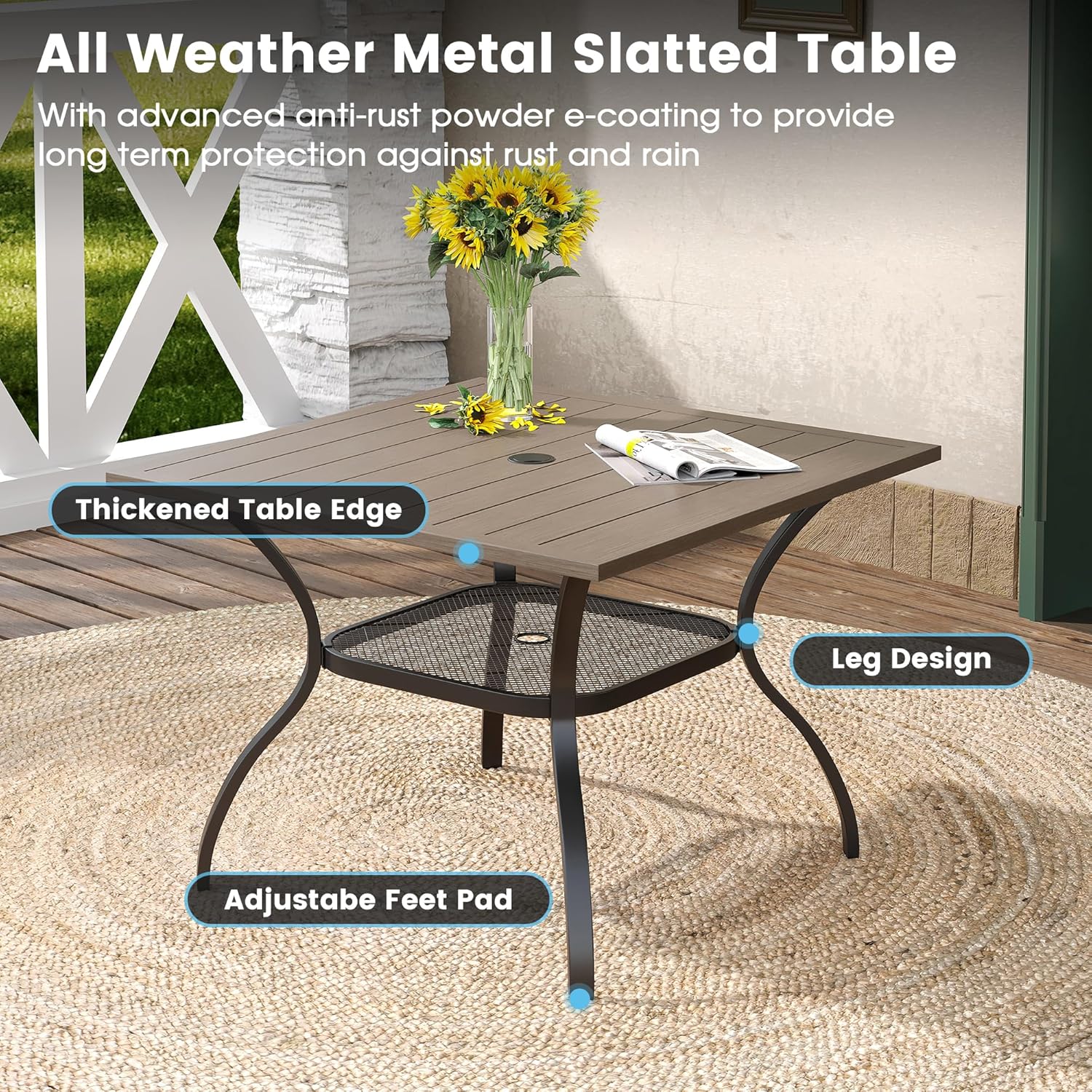 DIFY 5 Pieces Outdoor Patio Dining Set for 4, 37.8" Grey Wood-Like Square Dining Table with Umbrella Hole and 4 Sandshell Stackable Sling Chairs, Outdoor Table and Chairs for Lawn Backyard Garden