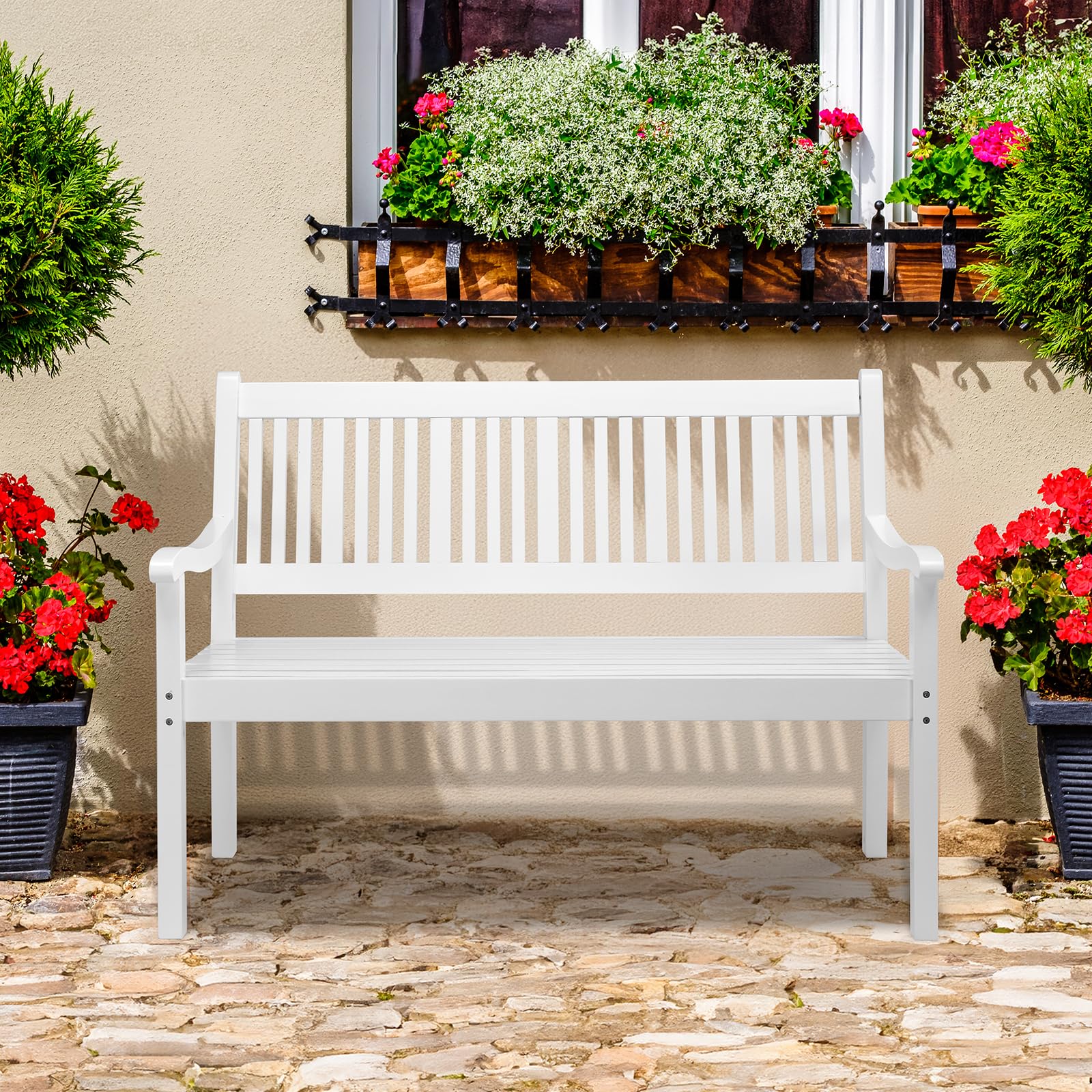 Bonnlo Banco de Jardín de Madera para 2-3 Personas, Wood Outdoor Bench 127 x 63 x 91 cm, Banco Exterior Resistente a la Intemperie, hasta 363 kg, para Patio Terraza Porche Parque (Blanco)
