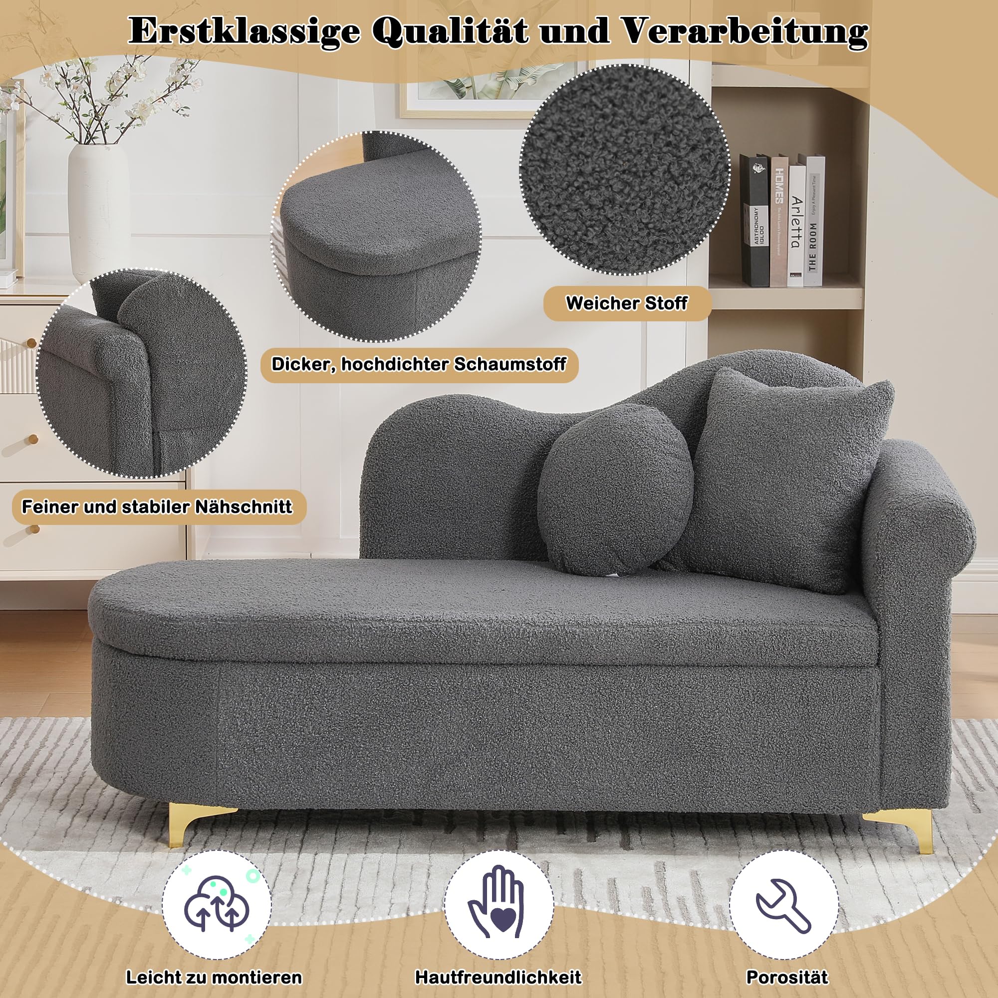 Merax Chaiselongue mit Stauraum, 134 cm Liege mit wellenförmiger Rückenlehne & Boucle-Stoff, hochdichter Schaumstoff, inkl. Lenden- & Nackenkissen, Retro-Look mit Massivholzrahmen, Grau