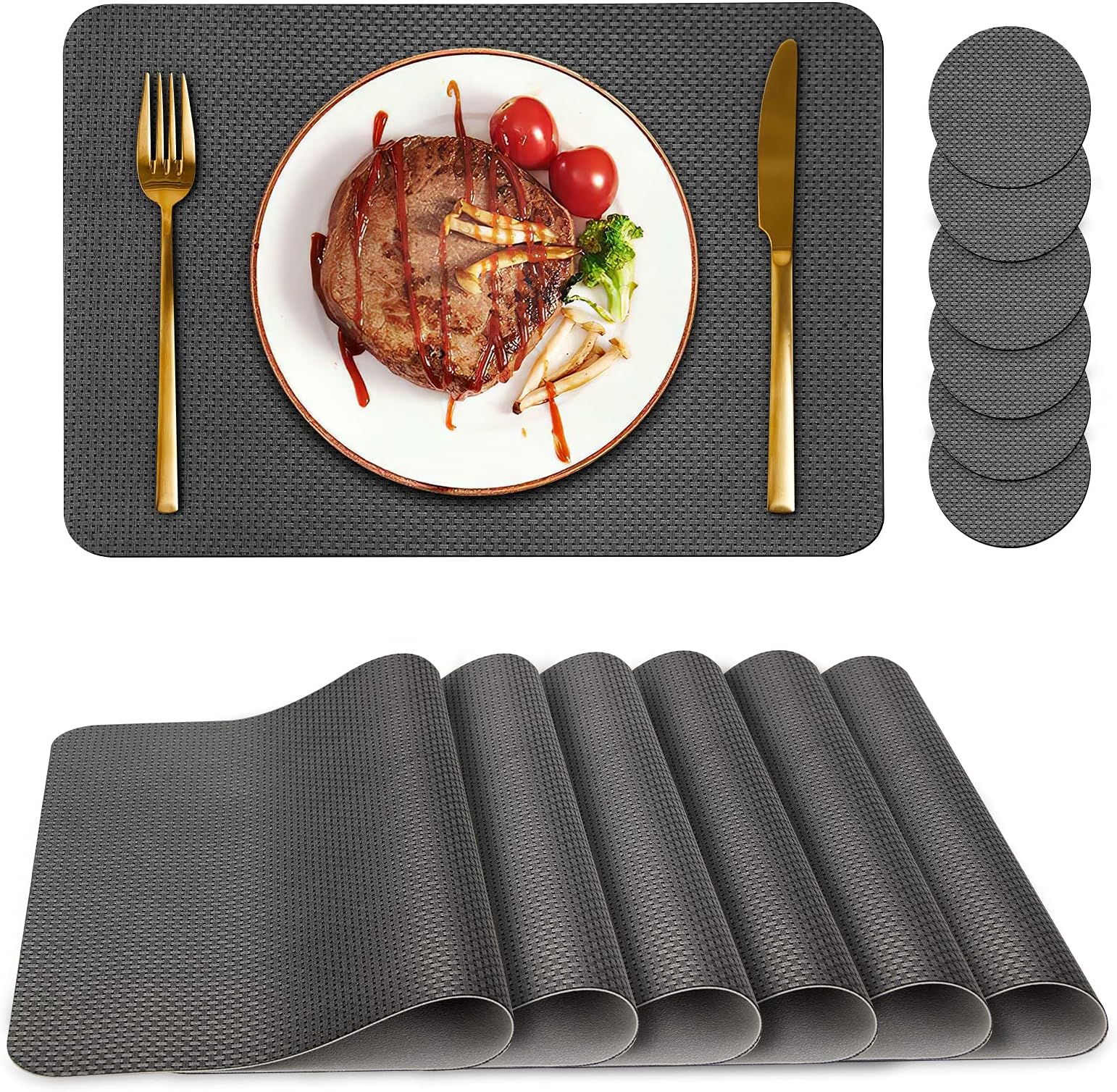 Bacgnyer Placemats Set of 6, Placemat with Coasters Heat Stain Scratch Resistant Non-Slip Waterproof Oil-Proof Washable Wipeable Outdoor Indoor for Dining Patio Table Kitchen Decor and Kids（Grey 6）