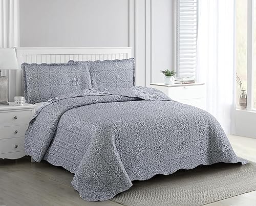 Miniatura 8 de Brilliant Sunshine Rose and Toile Patchwork, 3-Piece Quilt Set, Reversible Bedspread, Lightweight Coverlet, All-Season, Queen, Rose Gray