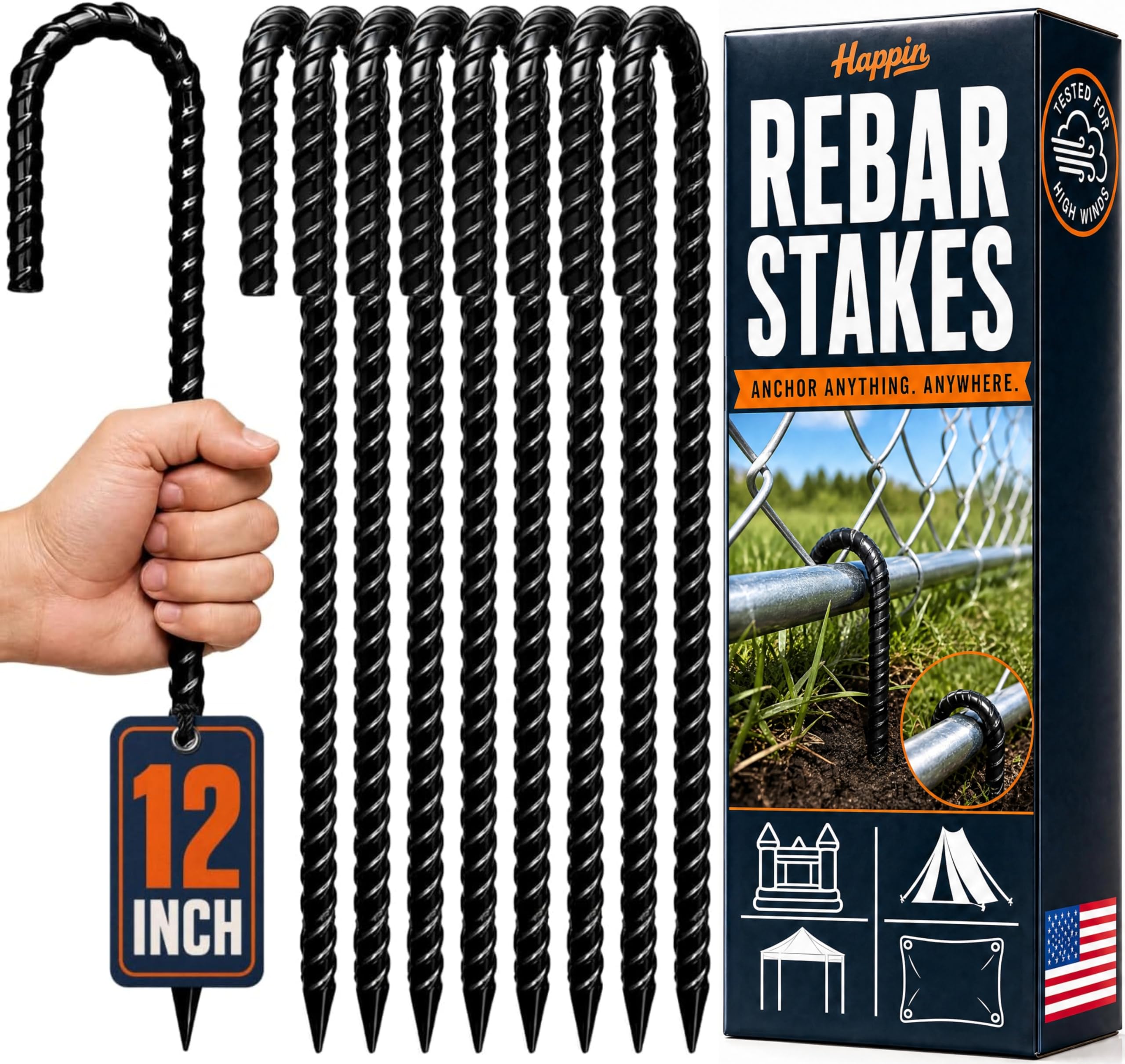 Happin® 12 Inch Rebar Stakes, J Hooks, Tent Stakes Heavy Duty Galvanized Garden Stakes – Trampoline Stakes, Chain Link Fence parts, Canopy, Lawn Decorations, Inflatables, Swing Set (J Shape – 16 Pack)