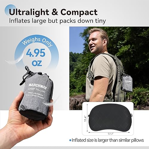 Miniatura 6 de MARCHWAY Almohada inflable ultraligera para acampar con funda suave y lavable, almohada de aire portátil comprimible compacta para campamento al
