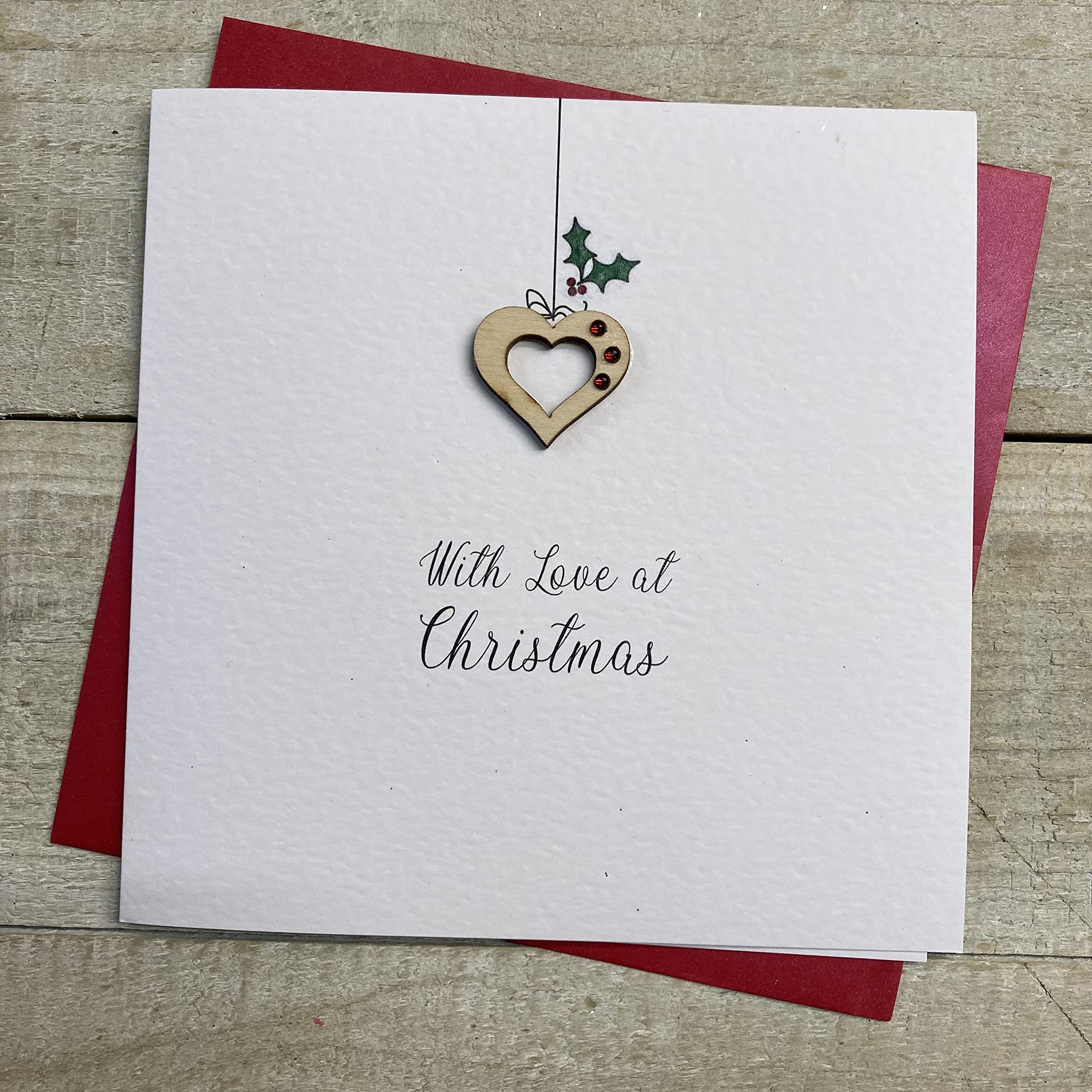 WHITE COTTON CARDS WITH LOVE AT CHRISTMAS - HANGING DECORATED HEART & HOLLY CHRISTMAS CARD, HANDMADE (XS30-WLC)