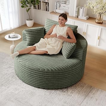 50" Oversized Round Chair, Boneless Corduroy Lounge Chair with Deep Seat, Single Chaise for Living Room Bedroom, No Assembly Required Green