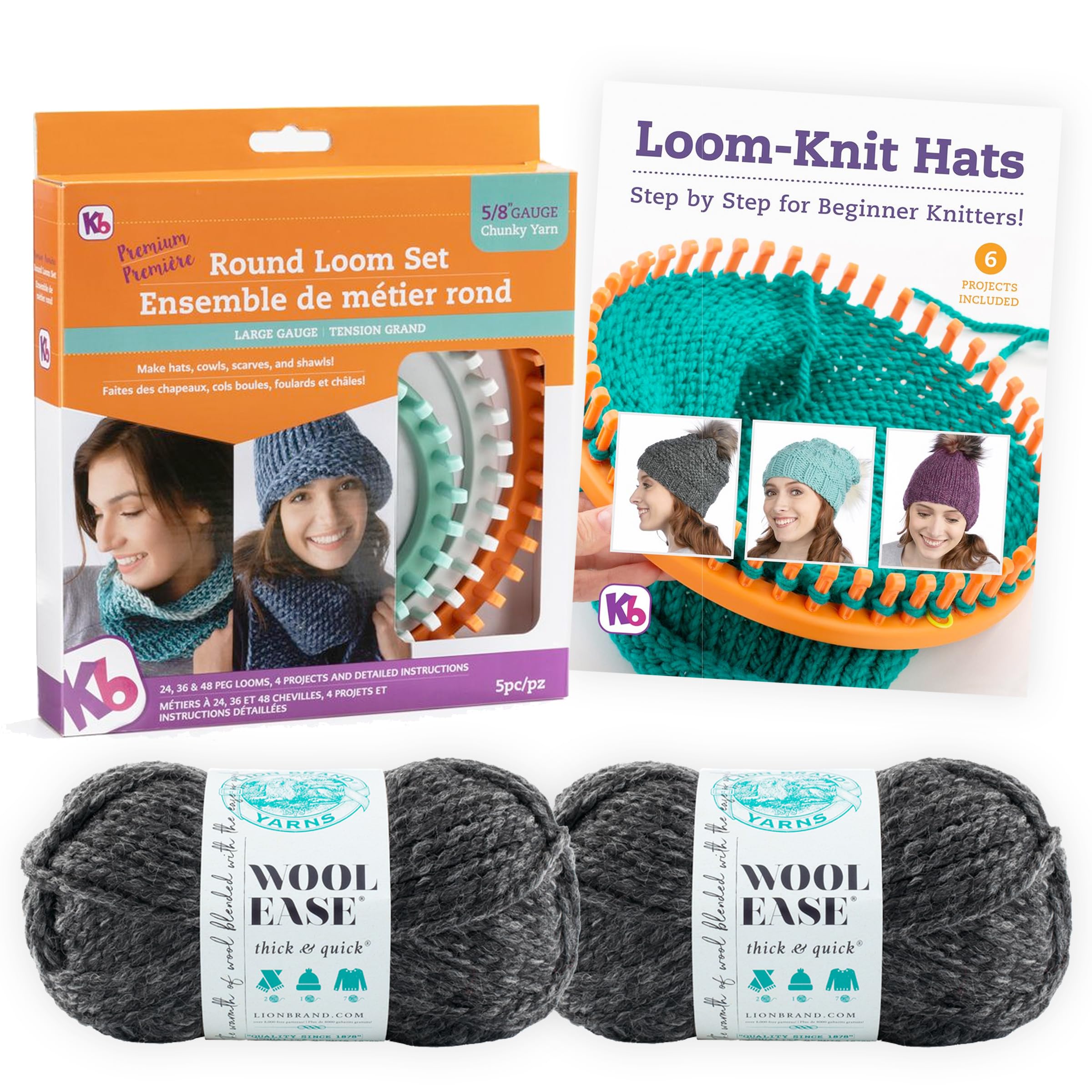 Authentic Knitting Board 'Premium' Round Knitting Looms Set (Chunky Round Loom Set with Yarn - Charcoal Color)