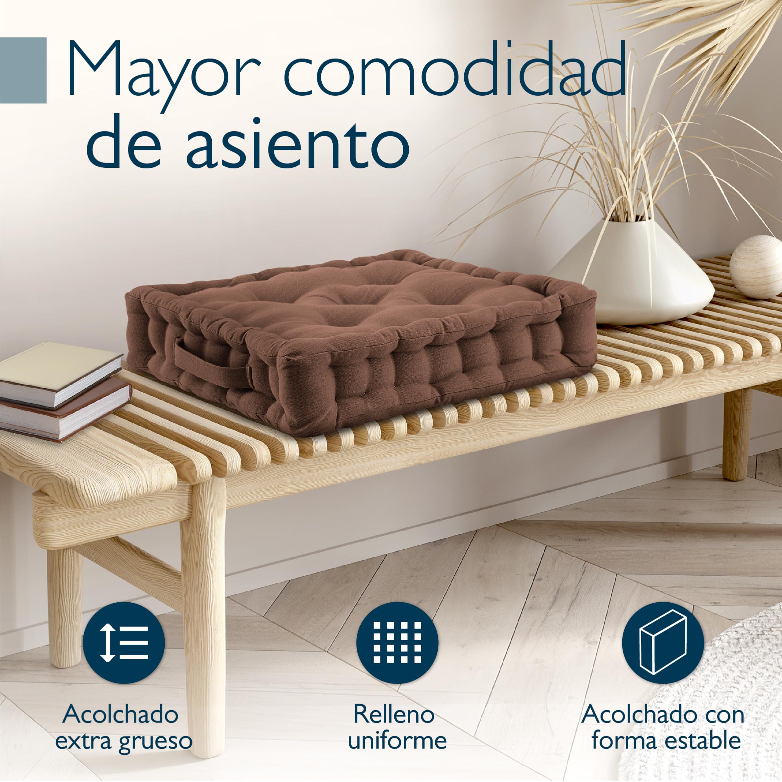 Beautissu Lote de 2 Cojines de Suelo Asiento 100% algodón con asa Grueso | 50x50cm Marrón colchón Grueso 10cm Cojín de Silla Interior y Exterior Transporte Mila