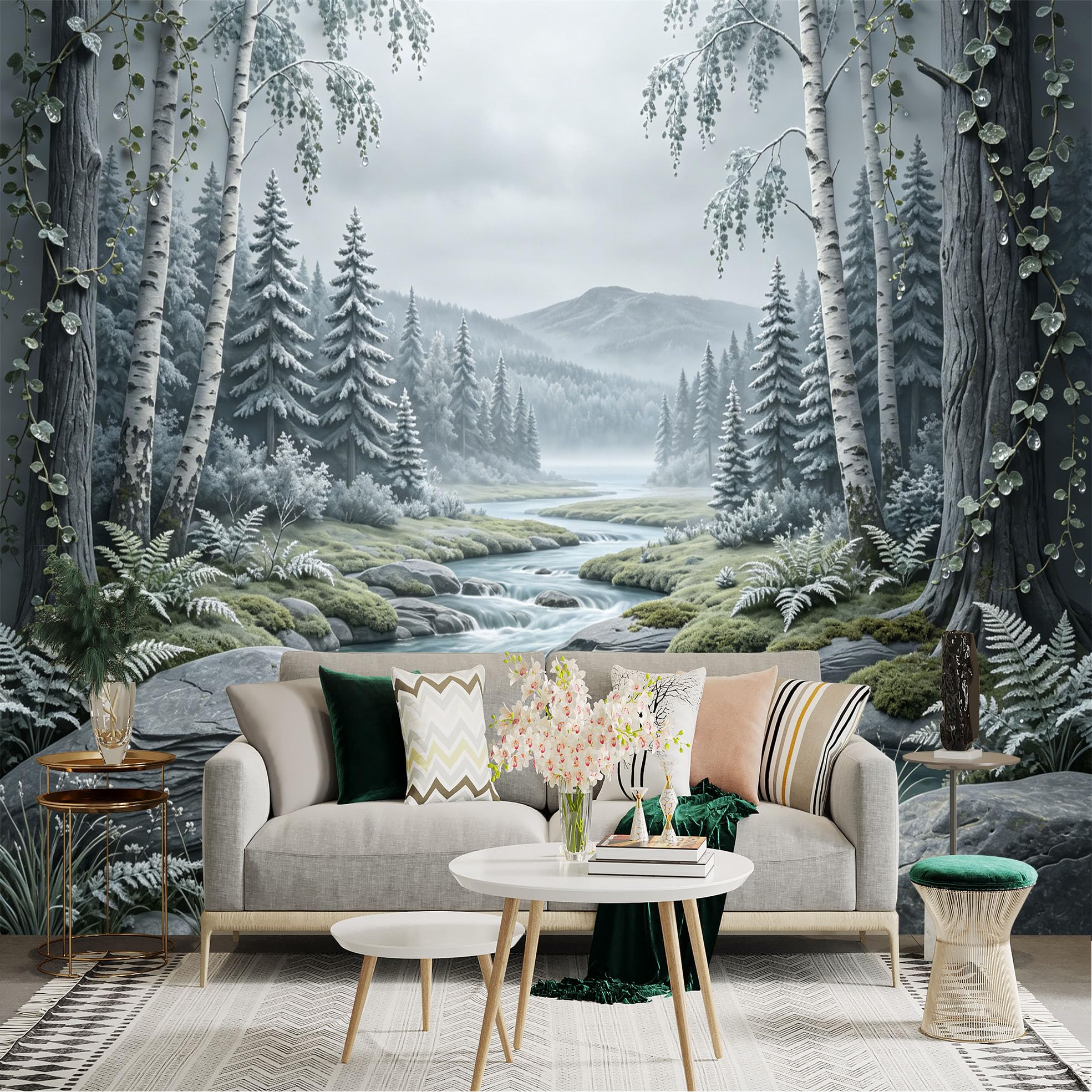 Custom Size Wall Sticker Mural， Misty Forest with River， Mountains and Birch Trees， for wall Decoration， peelandstick wall Decals.