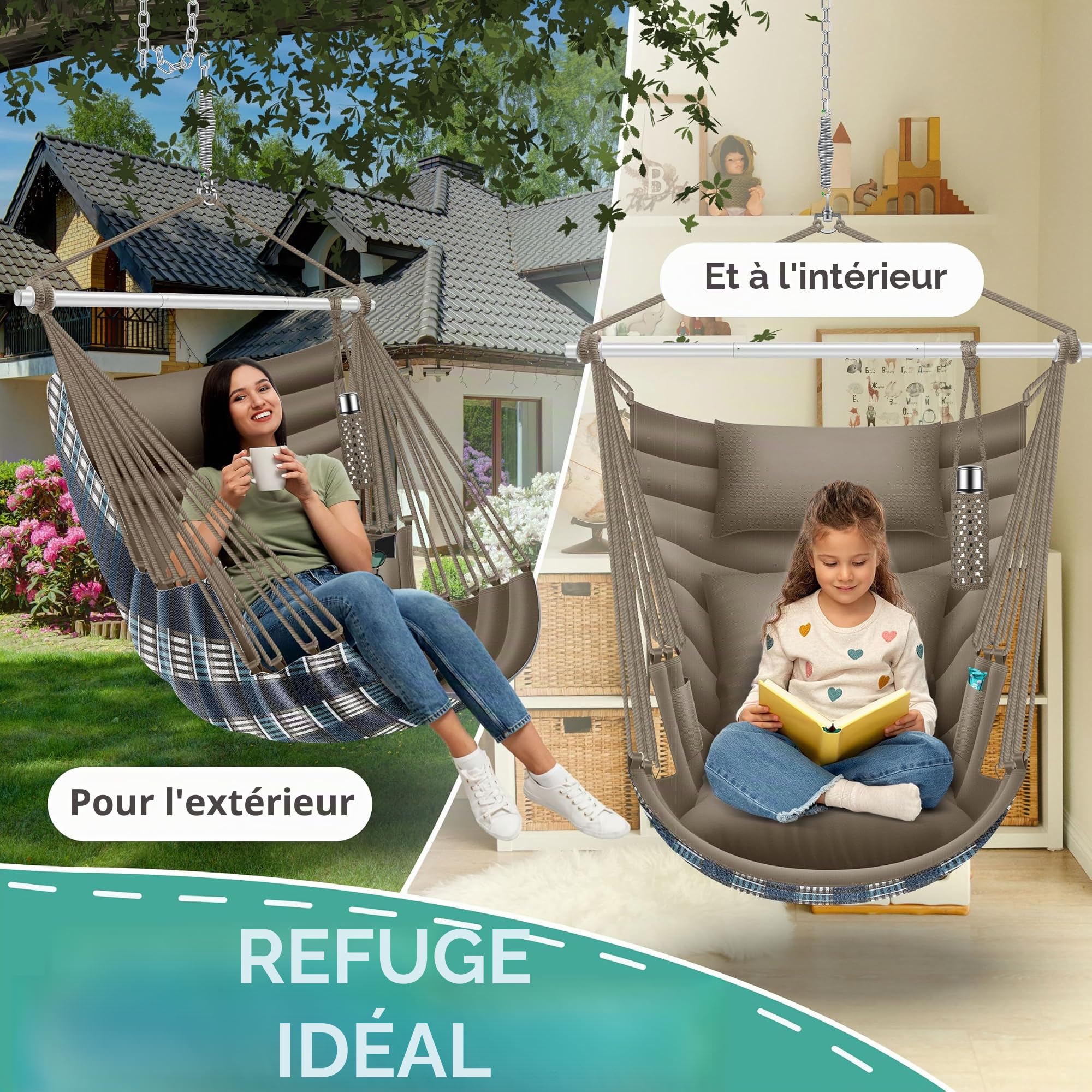 KESSER Chaise suspendue Haïti, capacité de charge de 150 kg, chaise suspendue rotative à 360°, balançoire suspendue intérieure extérieure résistante aux UV et imperméable, facile à entretenir, avec
